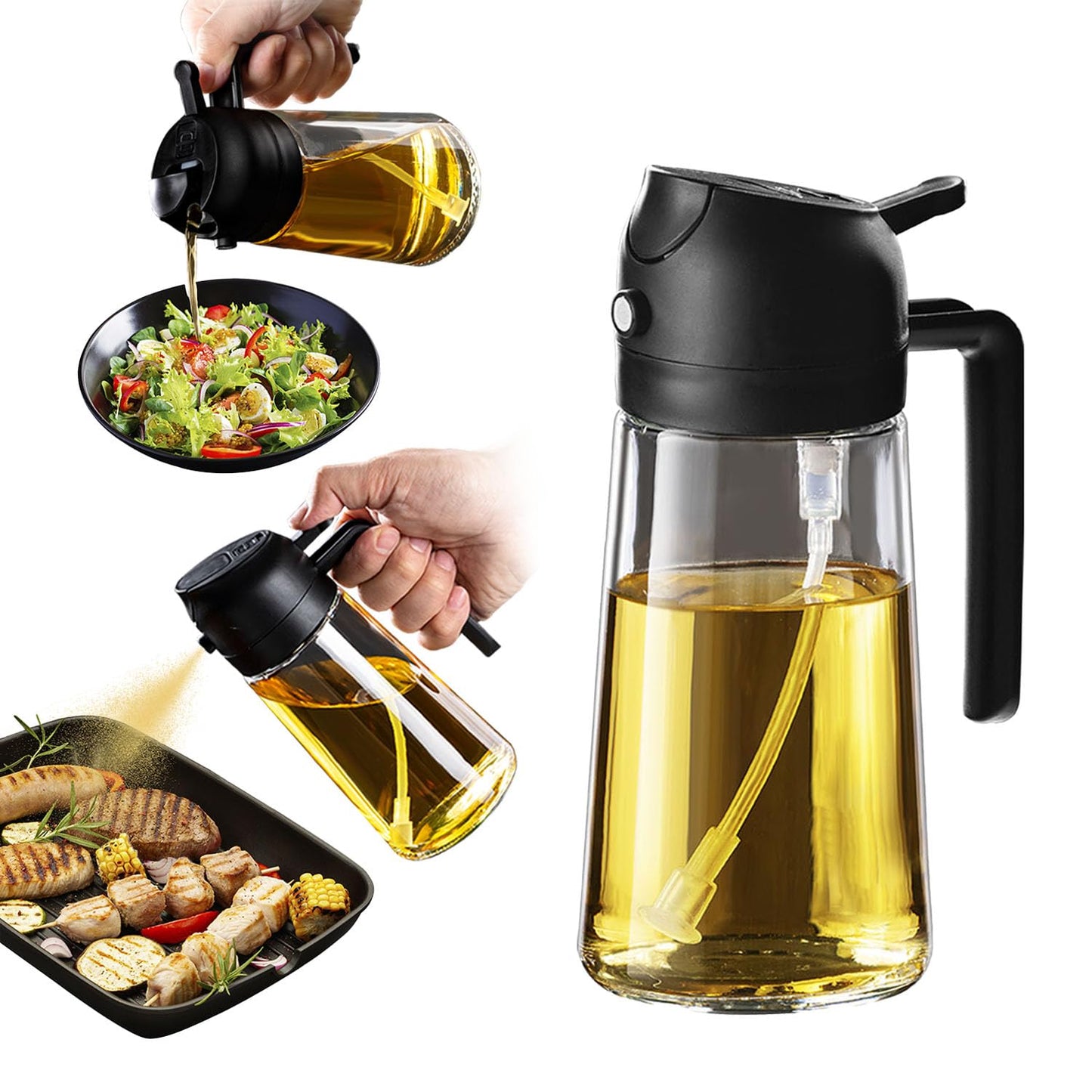 TrendPlain 16 oz Oil Sprayer for Cooking Oil - 470 ml Olive Oil Bottle - 2-in-1 Oil Dispenser and Oil Sprayer - Kitchen Gadgets for Cooking, Salad and Grill Black