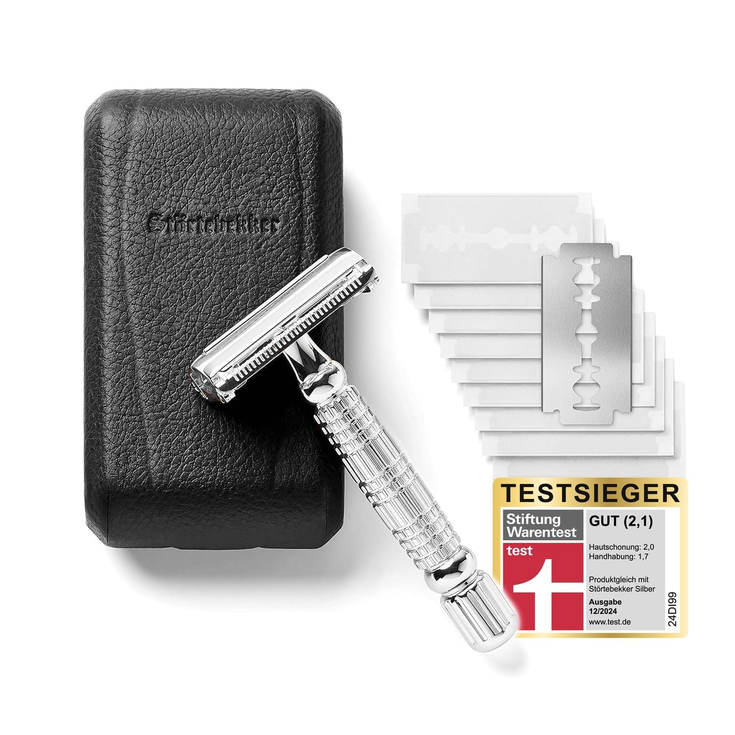 Störtebekker® Premium Rasierhobel ‘Hamburg’ im handgefertigten Leder-Etui - *TESTSIEGER* Stiftung Warentest (12/2024) - Rasier-Set mit 10 Rasierklingen, Reise-Etui & eingebautem Spiegel - Nassrasierer