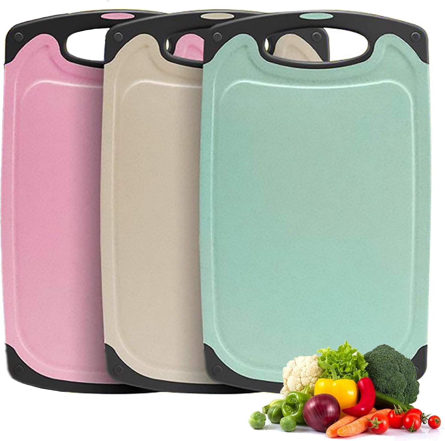 Schneidebrett Set 3 Stück Weizenstroh Küche Schneidebretter BPA Frei mit Saftrillen Leicht Zu Greifen, Hängenden Löchern, Rutschfestem, Spülmaschinenfestem Schneidebrett (Beige + Grün + Pink)