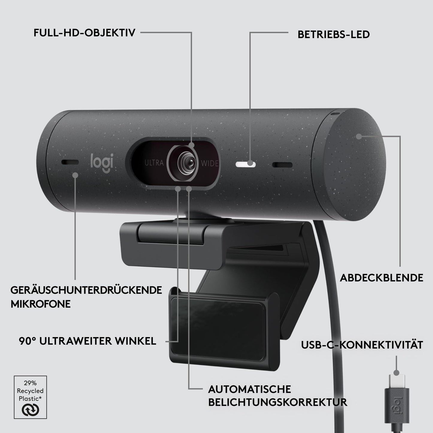 Logitech Brio 500 Full-HD-Webcam mit Auto-Lichtkorrektur, Zeigemodus, Doppelmikrofon + Rauschunterdrückung, Webcam-Abdeckung, für Microsoft Teams, Google Meet, Zoom, USB-C-Kabel - Graphit