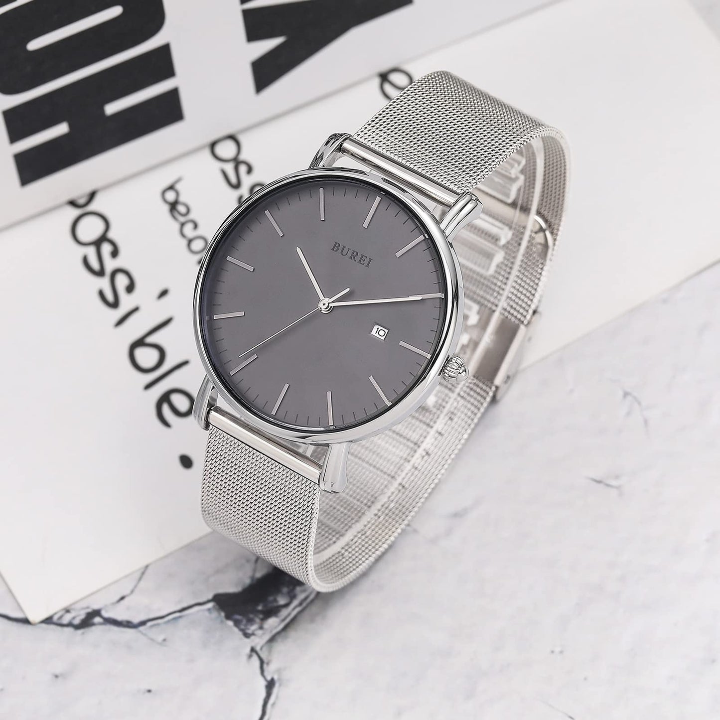 BUREI Ultra Dünne Uhren Herren Schwarze Analoges Datum Armbanduhr Herren mit Japanisches Quarzwerk, Geschenke für Männer