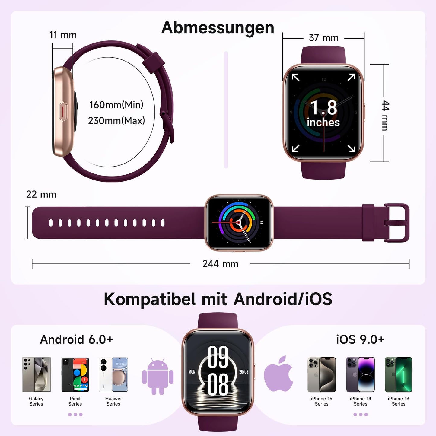 Smartwatch Damen Herren, Smart Watch mit Telefonfunktion Alexa, 1,8" Fitnessuhr Damen Sportuhr mit 100 Sportmodi & IP68, Herzfrequenz SpO2 Schlafmonitor, Armbanduhr Schrittzähler Uhr für Android iOS