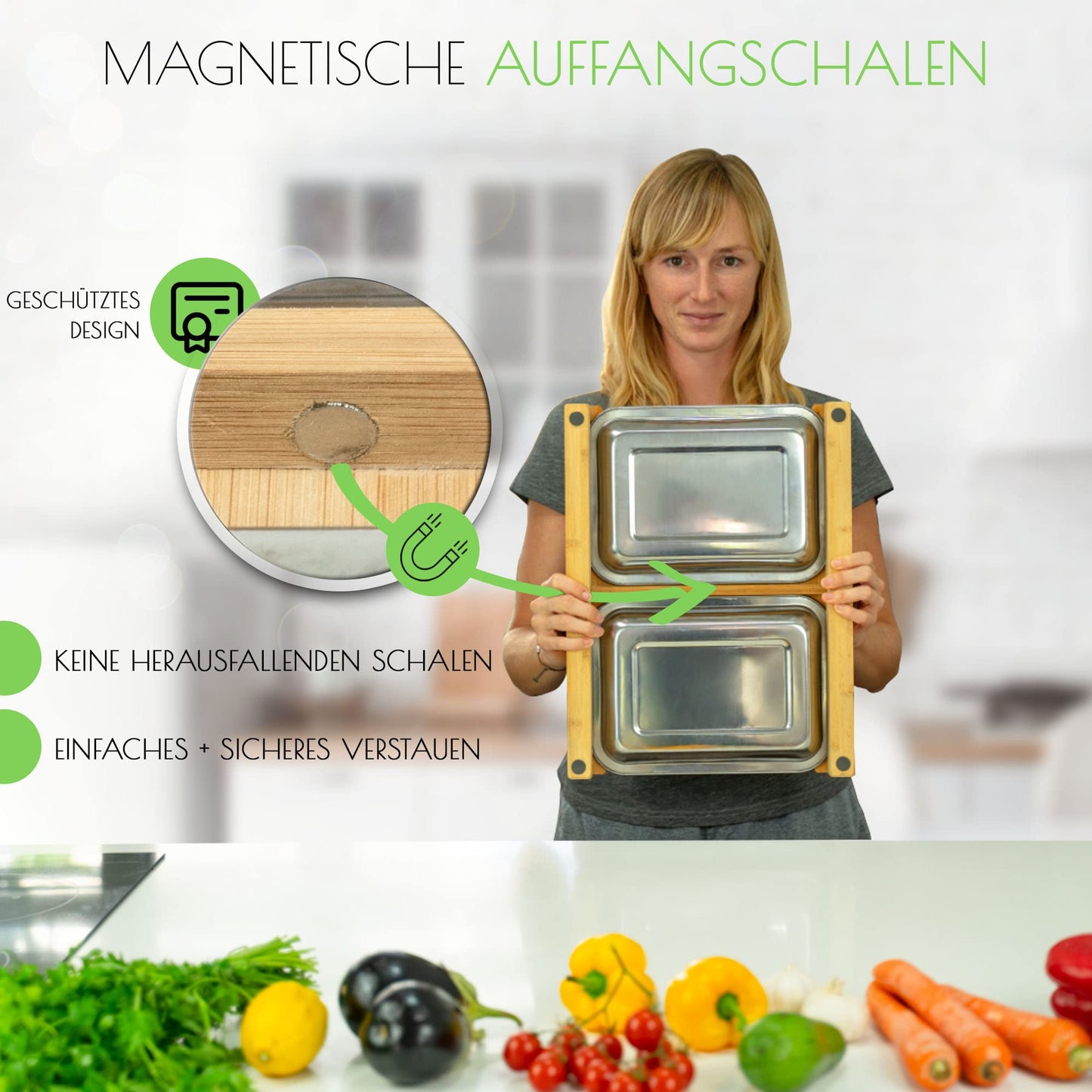naturlik Schneidebrett XL mit magnetischen Auffangschalen - Hochwertiger FSC®-zertifizierter Bambus - Schneidebrett mit Auffangschale - Schneidebrett Holz - Holzbrett Küche - Praktische Küchenhilfe