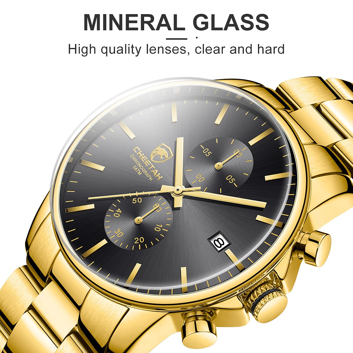 Herrenuhren mit lässiger wasserdichter Chronographen Quarzuhr aus Edelstahl und Metall, Auto Date in farbenfrohen Zeigern