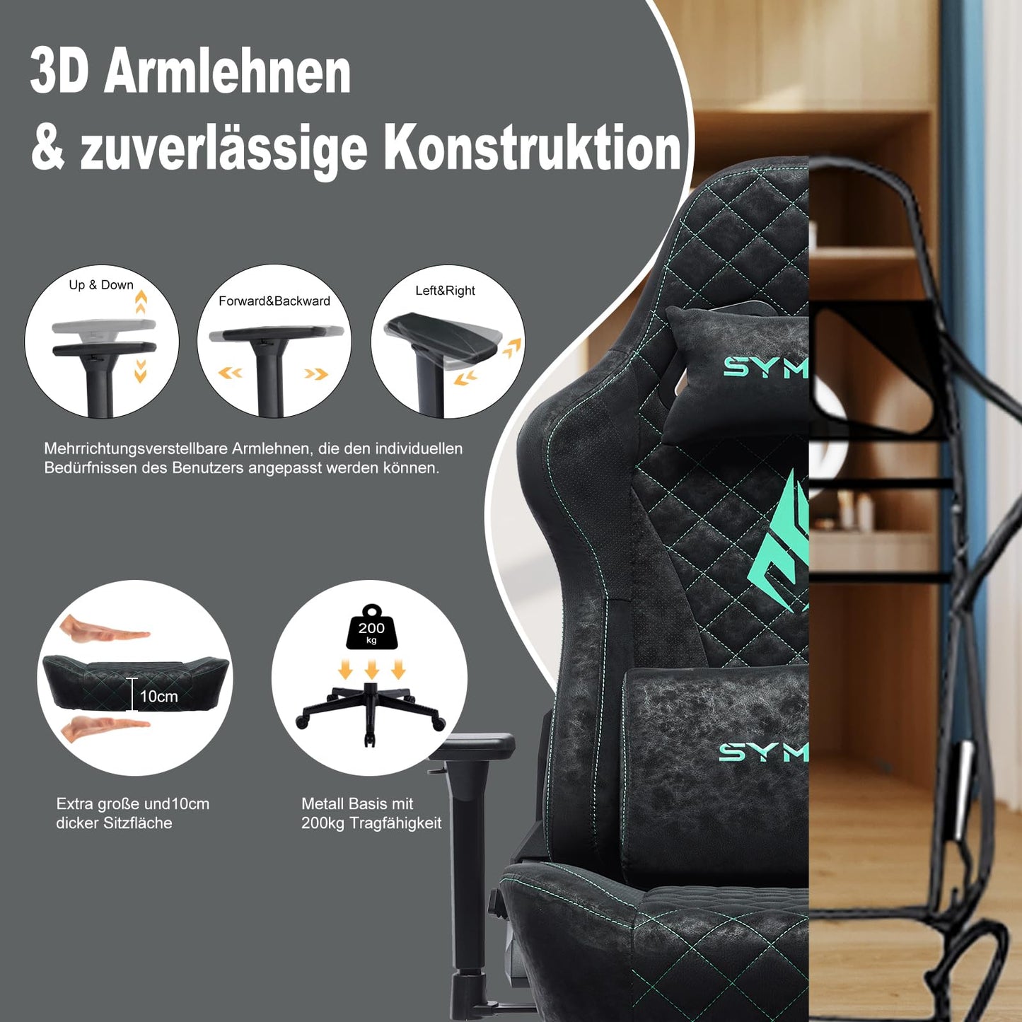 symino Gaming Stuhl, Ergonomischer Bürostuhl, Rennstuhl-Design PC Stuhl, Vintage-PU-Leder, Verstellbarer Drehbarer Task Stühle mit Fußstütze (Schwarz)