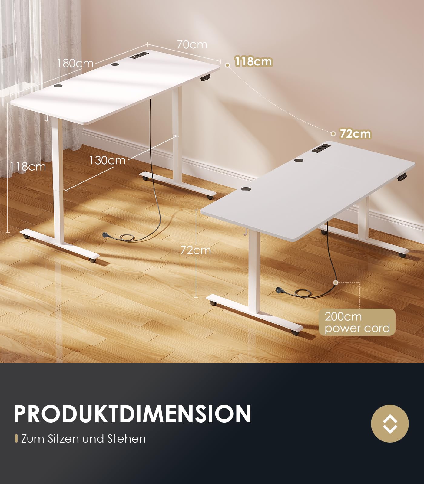 OffiGo Höhenverstellbarer Schreibtisch, 180cm, Elektrischer Schreibtisch mit USB, Schreibtisch Höhenverstellbar mit 2 Memory Funktion, Tisch Höhenverstellbar für Büro, Zuhause, Gaming, Schwarz