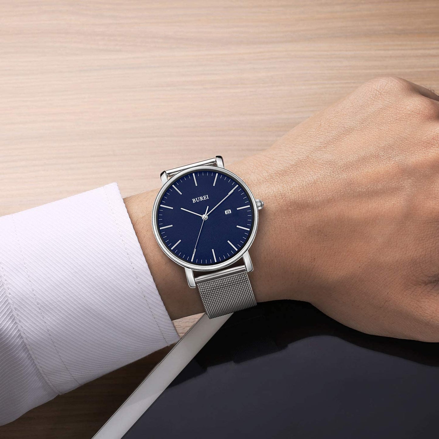 BUREI Ultra Dünne Uhren Herren Schwarze Analoges Datum Armbanduhr Herren mit Japanisches Quarzwerk, Geschenke für Männer