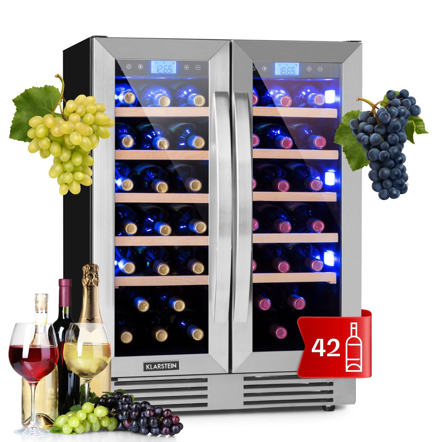 Klarstein built-in wine refrigerator, 2 zone drinks refrigerator small, small wine cabinet 306L, small wine refrigerator with glass door, indoor/outdoor bottle refrigerator, wine fridge 116 bottles