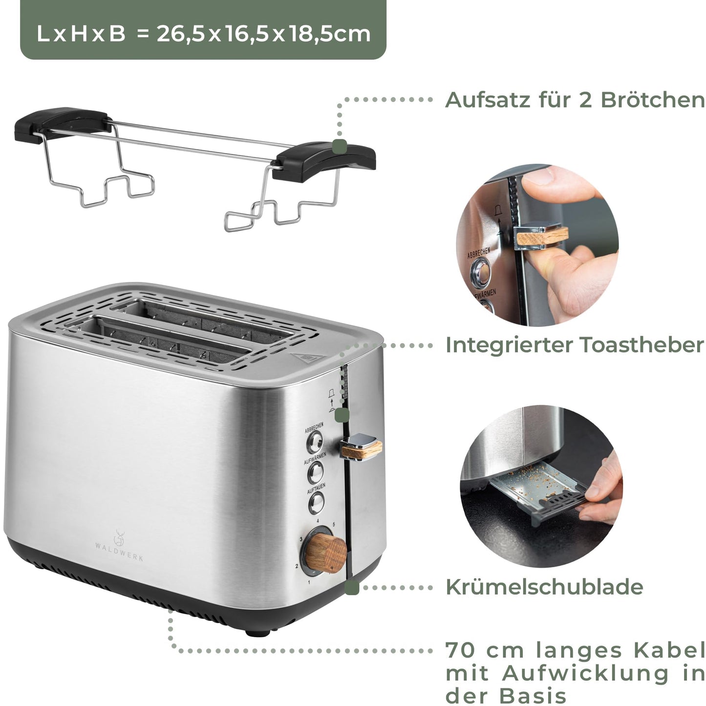 WALDWERK Design Toaster - Made of 304 Stainless Steel and Oak Wood - for 2 Slices - with Bun Attachment - with Extra Wide and Deep Toast Chambers - with Crumb Drawer