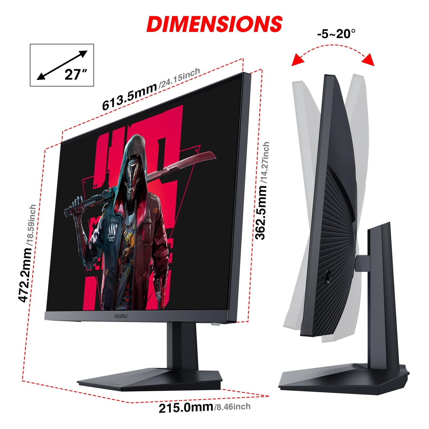 KOORUI Gaming Monitor 27 Zoll, 170Hz, IPS, 2K QHD(2560 x 1440p), HDR 400, 1ms, Adaptive Sync, DisplayPort, HDMI, 100% sRGB, Höhenverstellbar, Augenpflege, VESA 75x75