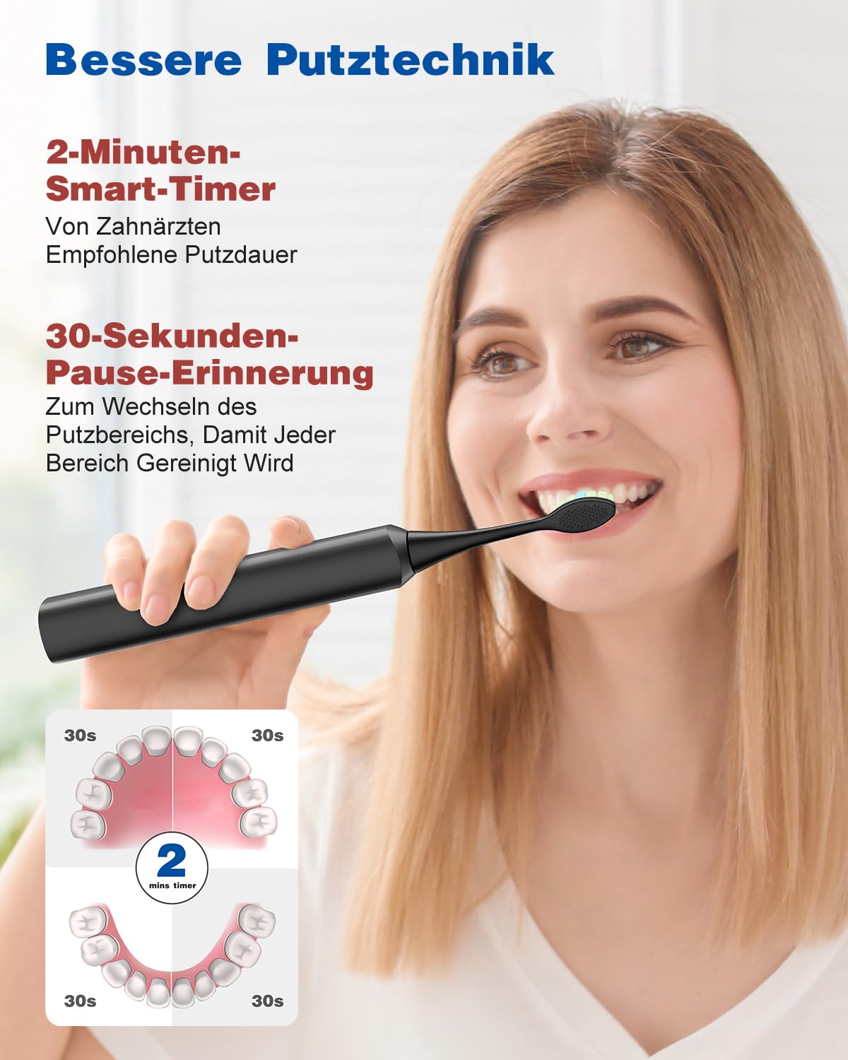 Elektrische Zahnbürste, Schallzahnbürste, Zahnbürste Elektrisch 45000VPM, Aufhellung Der Zähne In 1 Woche, 120 Tage Akkulaufzeit, Batteriestandsanzeige, 6 DuPont-Bürstenköpfe, 5 Modi, Timer, Schwarz