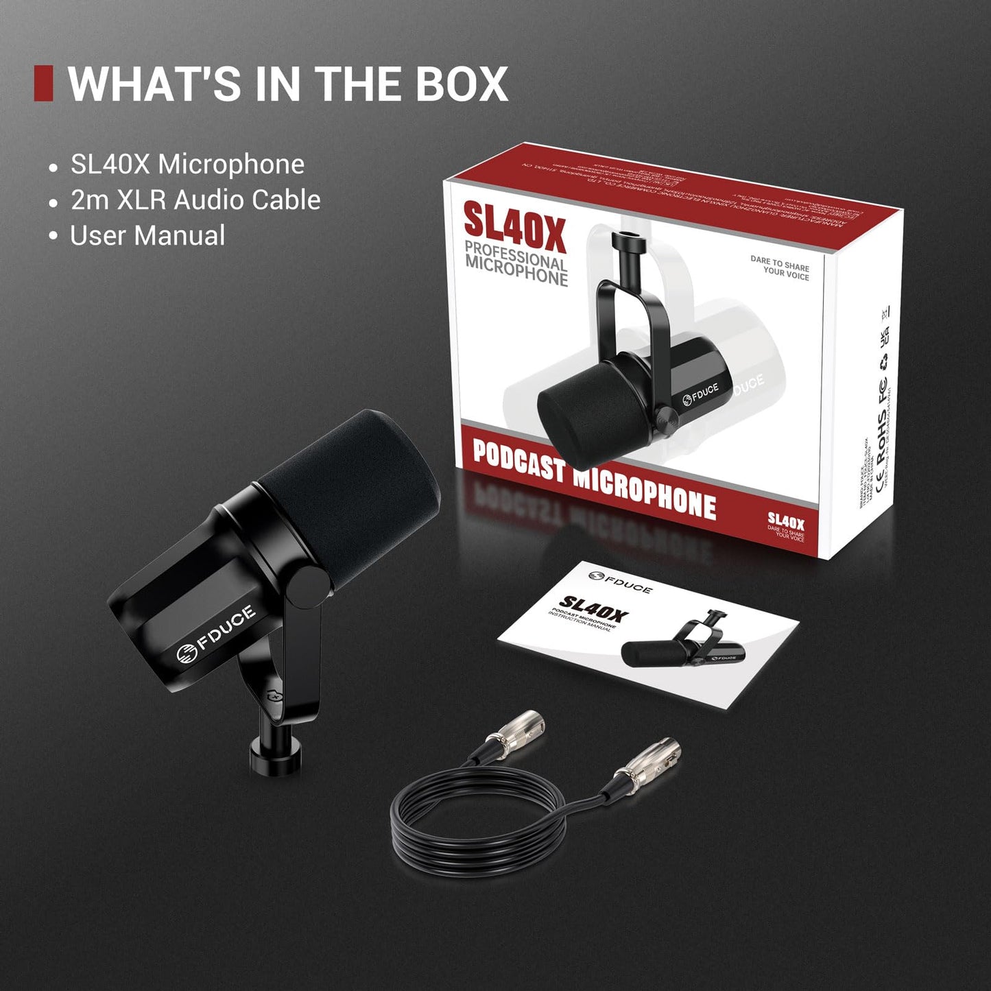 FDUCE SL40X XLR Dynamic Microphone Set for Vocal Recording, Podcasting, Gaming, Live Streaming and Broadcasting, All-Metal Microphone, Voice Isolating Technology, Black