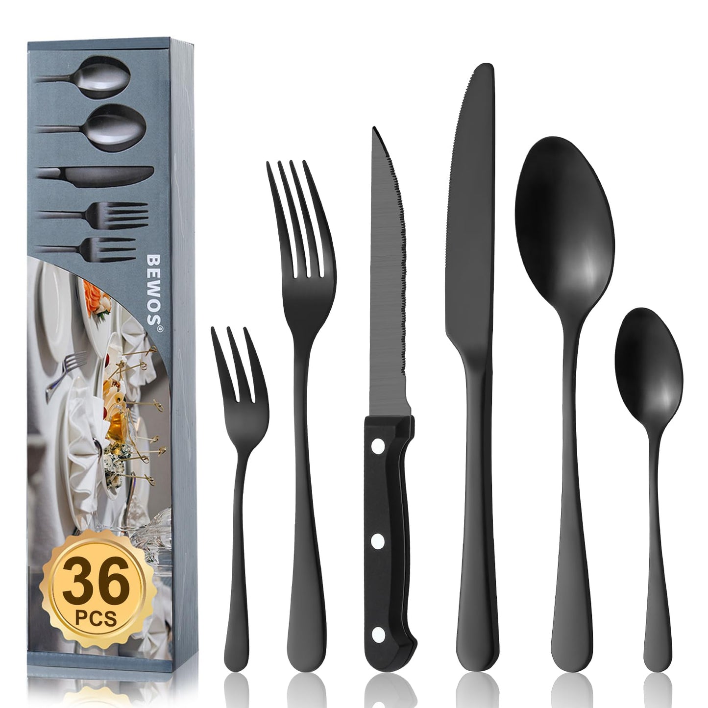 BEWOS 36-teiliges Besteck set mit Steakmesser Service für 6, Premium-Edelstahl-Bestecksets für Haus & Küche, Hochwertiges Messer-Löffel-Gabel-Besteck-Set Hochglanzpoliert, Spülmaschinenfest