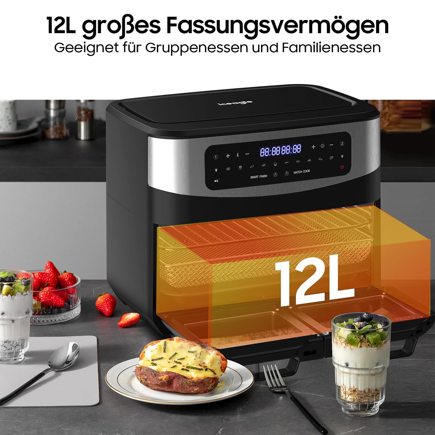iceagle Heißluftfritteuse 6,5 L Airfryer XL - Fritteuse Ohne Fett mit Metallinnenraum | 1700W Heissluftfriteuse mit 8 Kochprogramme, Digitalem Display, mit deutschem Rezeptbuch