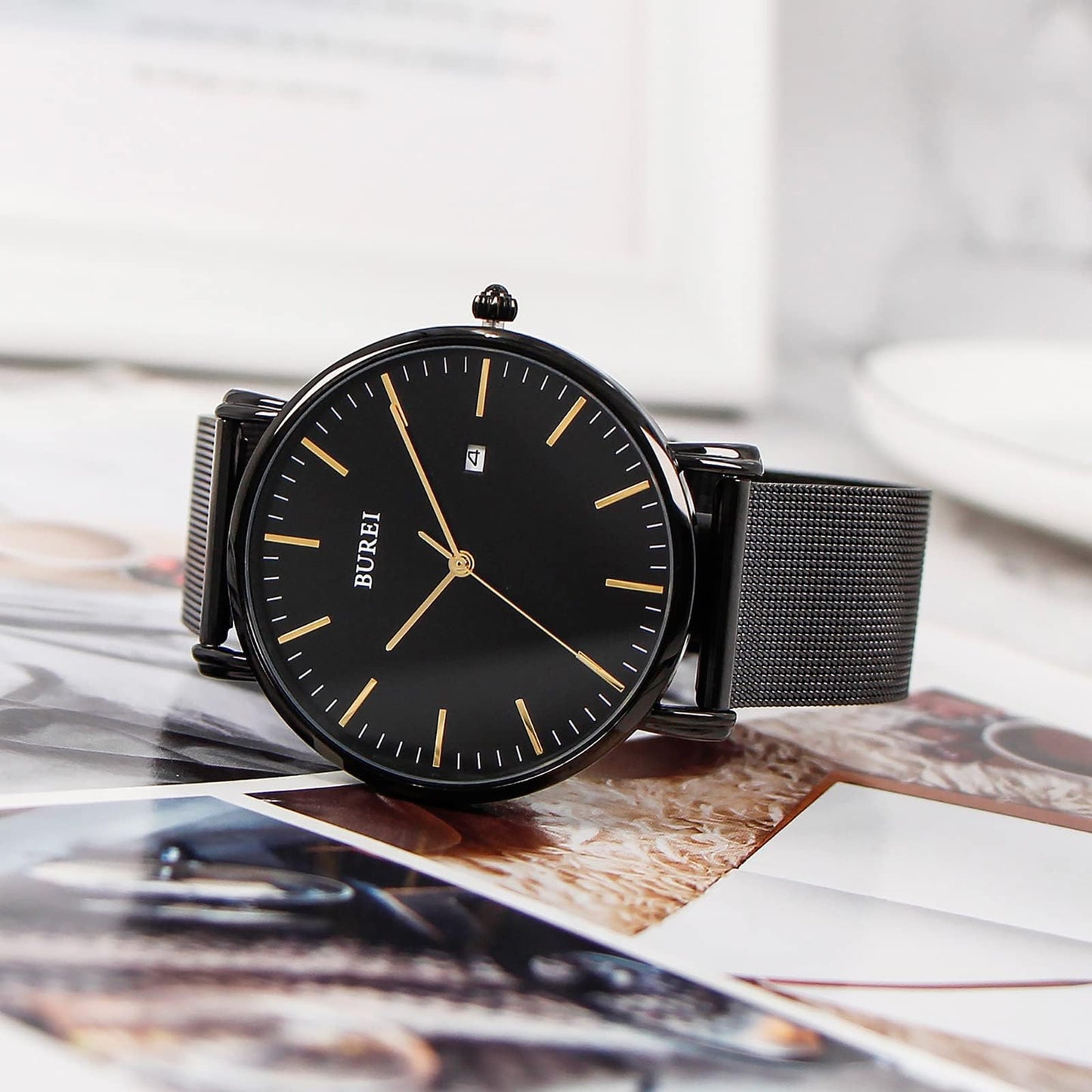 BUREI Ultra Dünne Uhren Herren Schwarze Analoges Datum Armbanduhr Herren mit Japanisches Quarzwerk, Geschenke für Männer