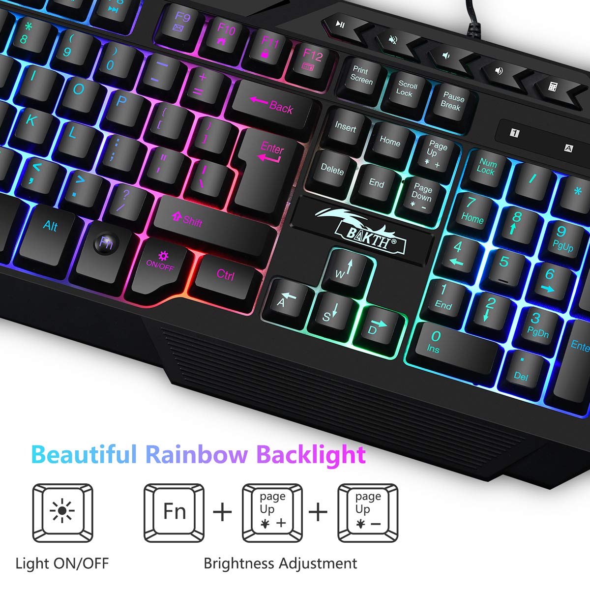 BAKTH Gaming Keyboard and Mouse Set, LED Backlight QWERTZ DE Layout, Rainbow Colors Illuminated USB Waterproof Keyboard and Mouse with 3600 DPI for Pro PC Gamer