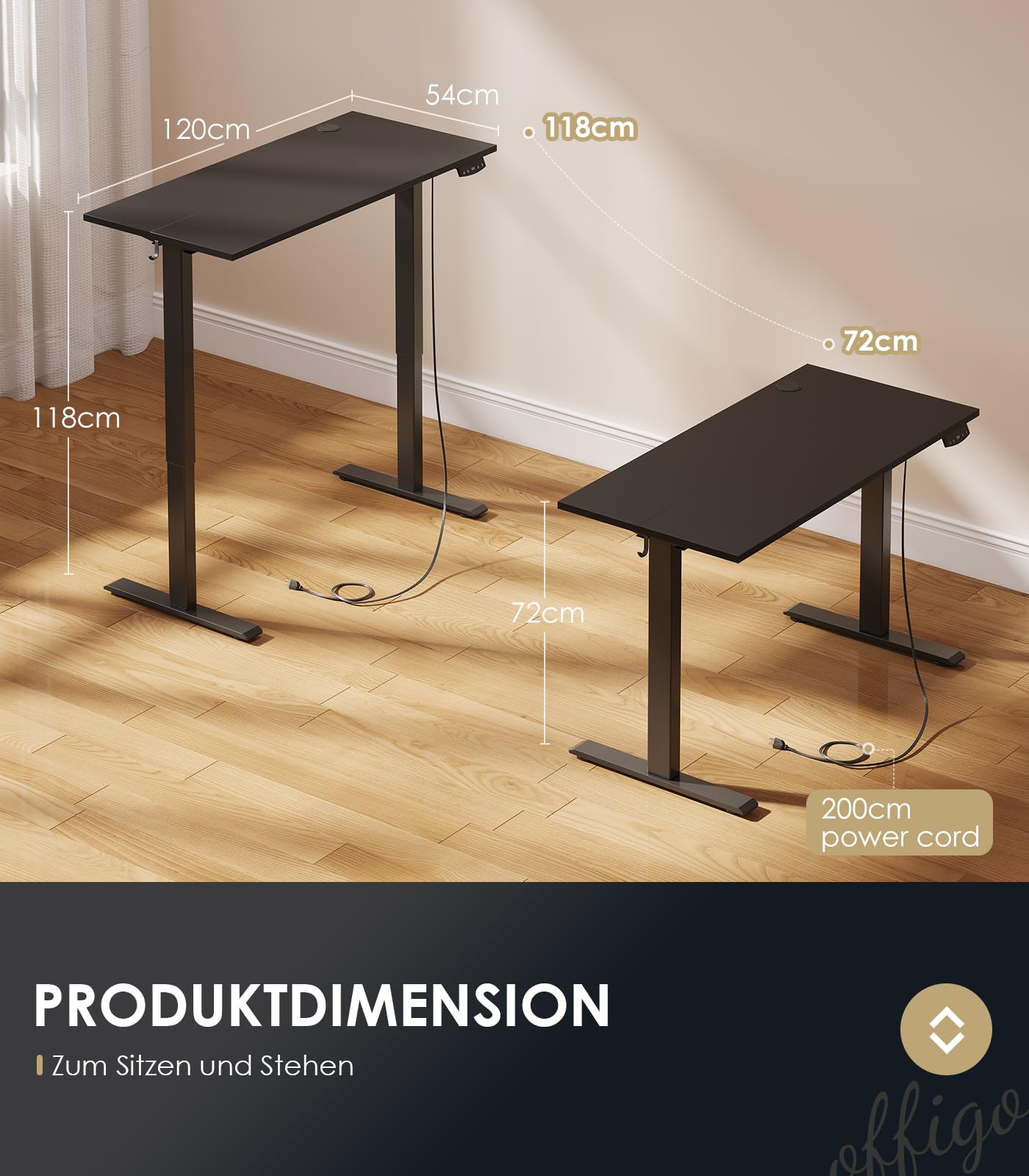 OffiGo Höhenverstellbarer Schreibtisch, 120 cm Elektrischer Schreibtisch, Ergonomischer Tisch mit Memory-Funktion, Gaming Tisch Höhenverstellbar, Moderner Computertisch für Zuhause und Büro, Weiß