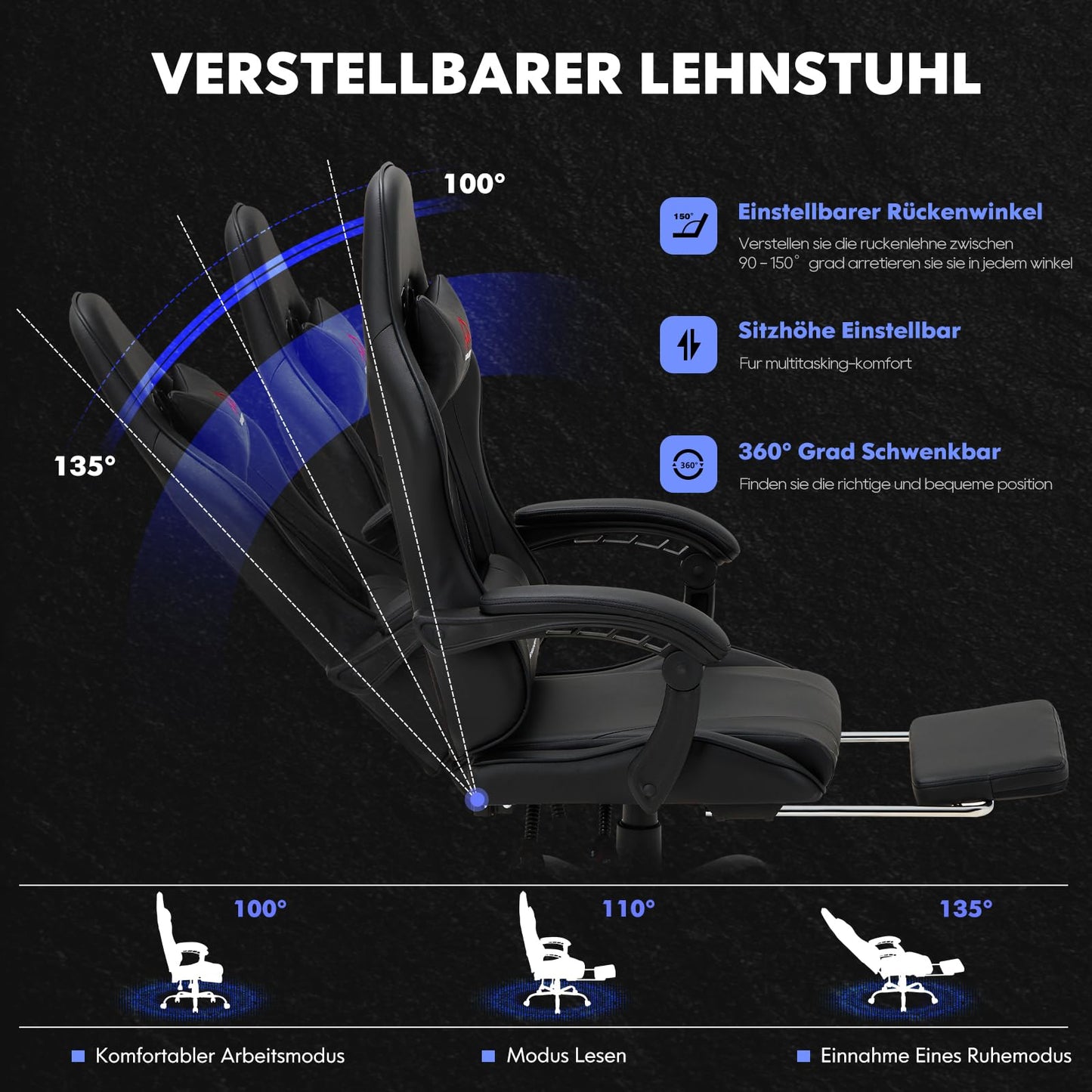 COLAMY Gaming Stuhl, Computer Stuhl mit Fußstütze und Lendenwirbelstütze, höhenverstellbarer Gaming Chair mit 360°-Drehsitz und Kopfstütze, Video Gamer PC Stuhl, Ergonomische hohe Rückenlehne, Weiß