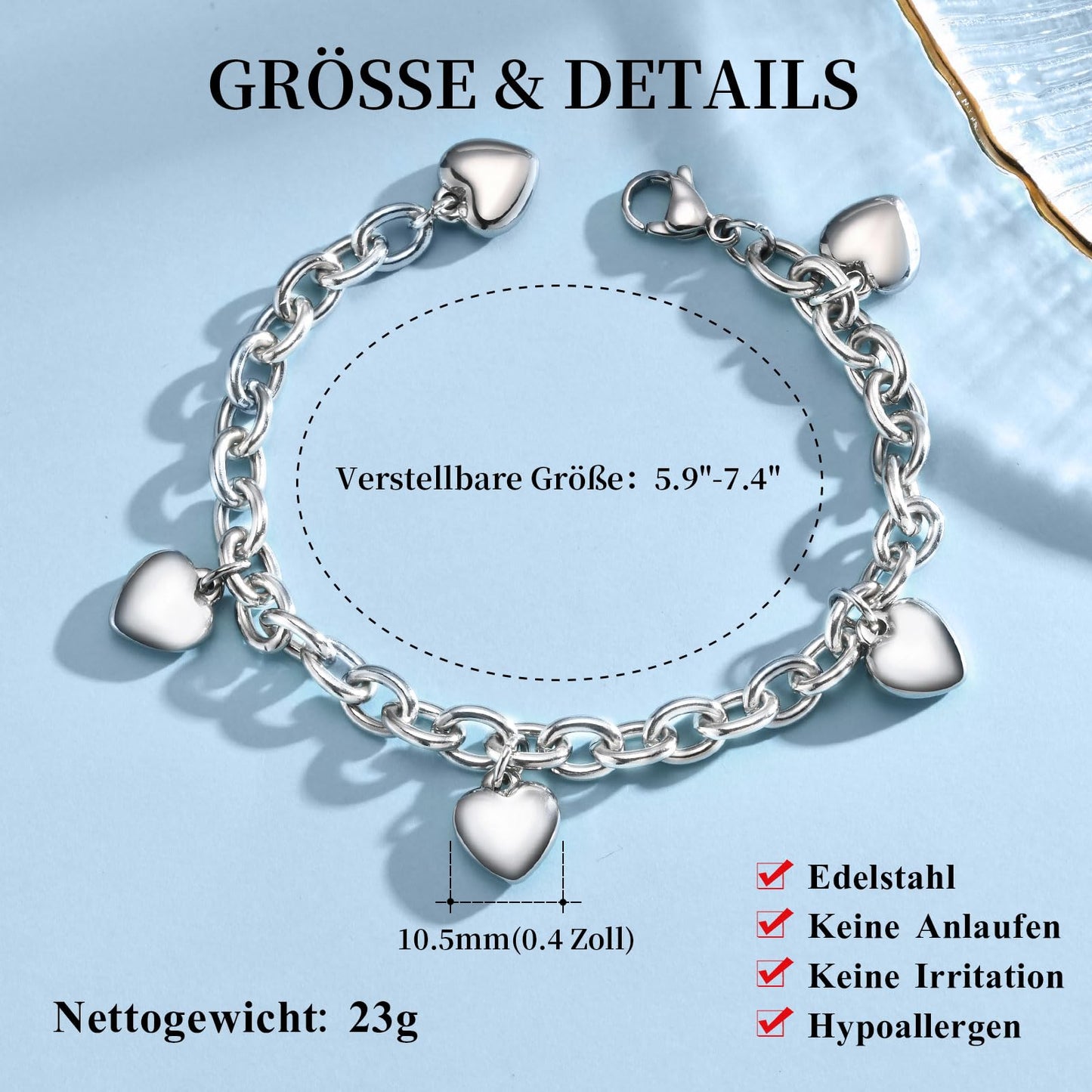 Silver Heart Bracelet for Women – Stainless Steel Chain with Heart Charms