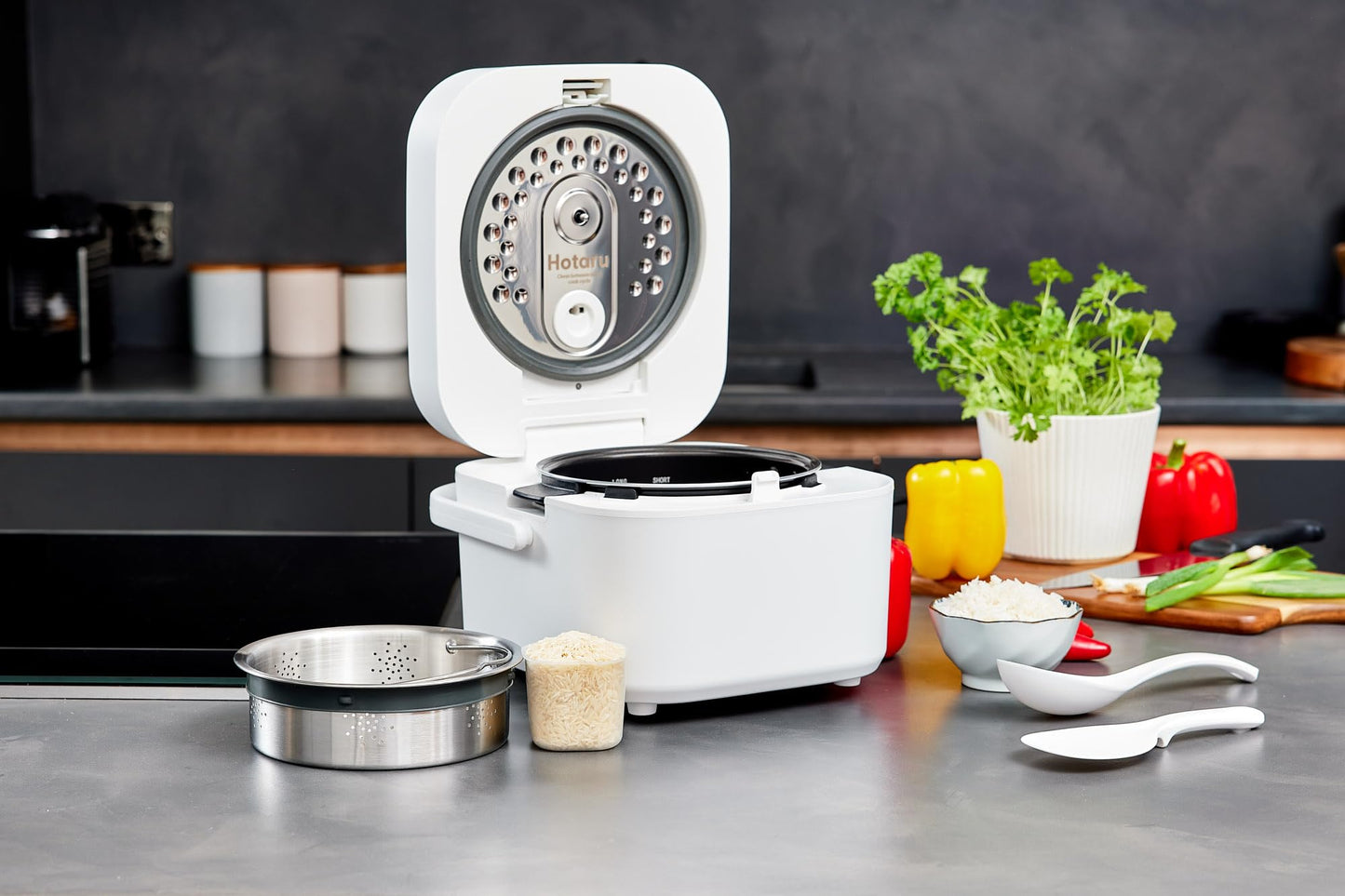 Yum Asia Hotaru Reiskocher mit UMAI Induktionsheizung (IH) und Keramikschüssel (3 Tassen, 0,54 Liter), 7 Reiskochfunktionen, 5 Multikocherfunktionen, LED-Display, 220-240V EU-Stecker (Schiefergrau)