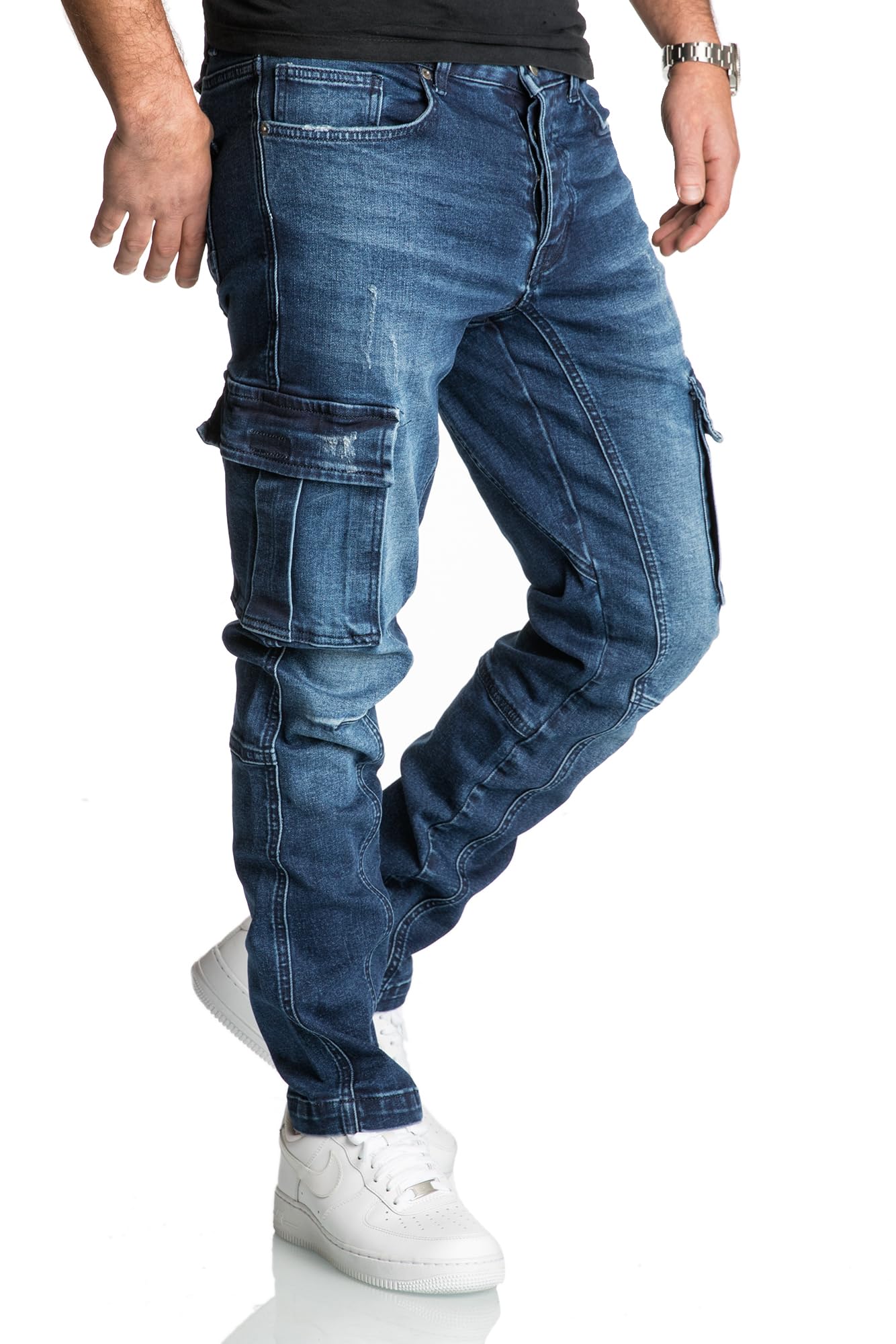 Men’s Cargo Jeans R7977 – Regular Slim Fit Stretch Denim Pants