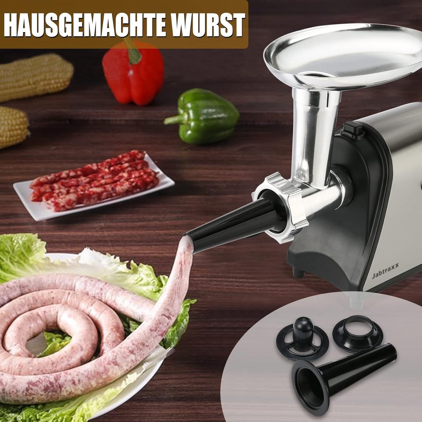 Elektrischer Fleischwolf Wurstfüller Fleischhackfleisch 2000 W 5in1: für Fleisch, Kebbe, Gemüse, Salat, Spritzgebäck | Vor-und Rücklauf | 2 Leistungsstufen