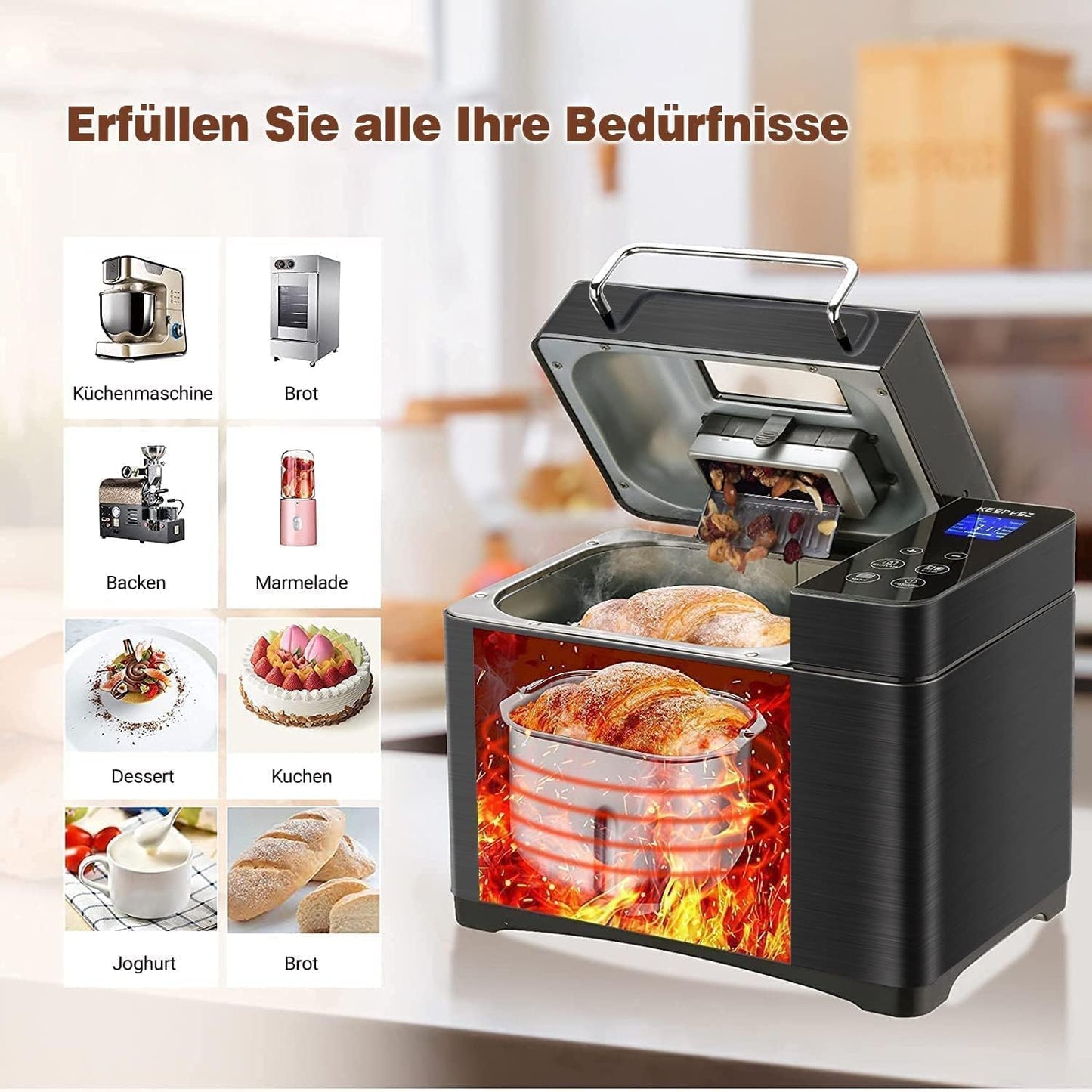 KEEPEEZ 2LB Brotbackautomat, Quarz Schnellheizer Brotbackautomaten Edelstahl with Keramik-Pfannen, 17-in-1 Brotbackmaschine with Auto Nut Dispenser, 2 Paddles, 3 Brotgrößen and 3 Backfarben,Glutenfrei