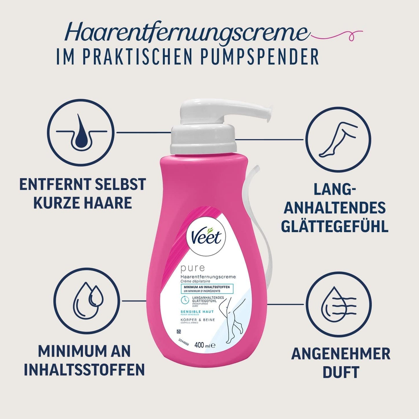 Veet Sensitive Haarentfernungscreme – Schnelle & effektive Haarentfernung für seidig-glatte Haut – Anwendungszeit 5-10 Minuten, Spender mit Spatel, 400 ml (1er Pack)
