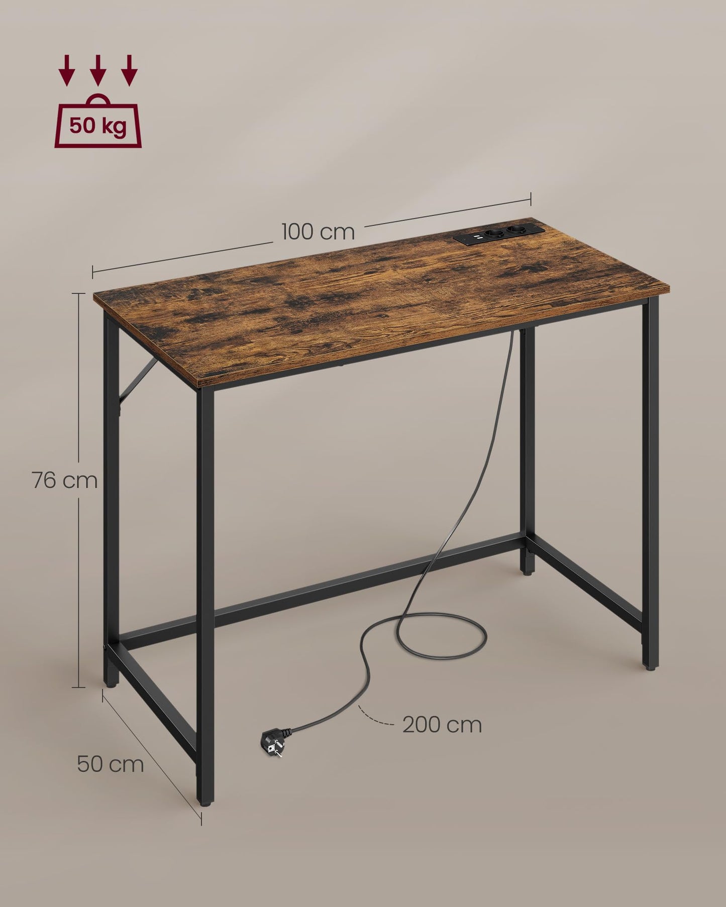 VASAGLE Schreibtisch, Gaming-Tisch mit LED-Beleuchtung, Steckdosenleiste, Computertisch, 50 x 100 x 76, platzsparend, für Arbeitszimmer, Homeoffice, vintagebraun-tintenschwarz LWD141B81
