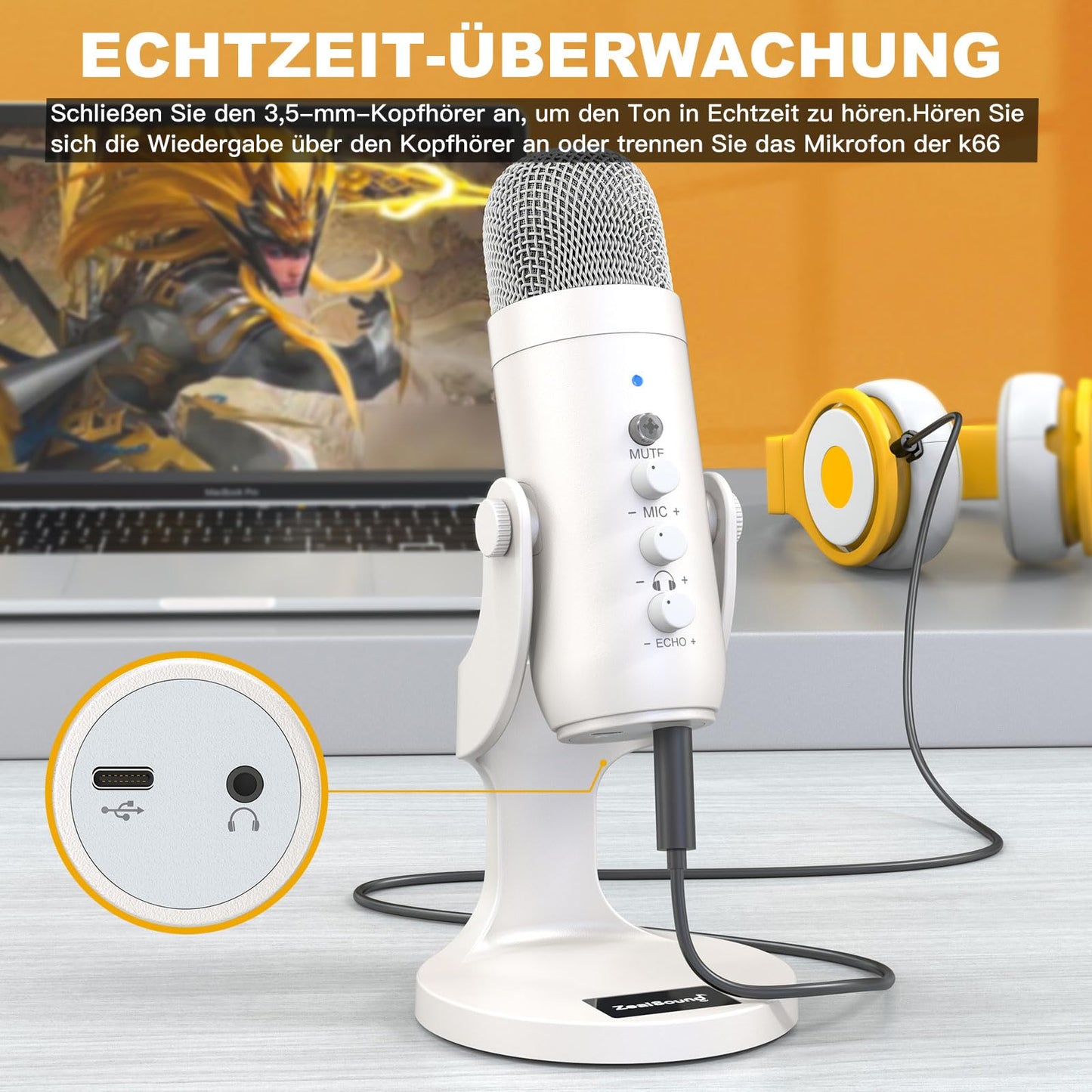 zealsound USB Mikrofon, Kondensator Mikrofon für PC Handy, PS4, PS5, Microphone PC USB C für Gaming, Podcast,Aufnahmen,Streaming,ASMR mit Stumm/Gain/Echo, Adapter für Phone,Kompatibel mit Mac, Winows