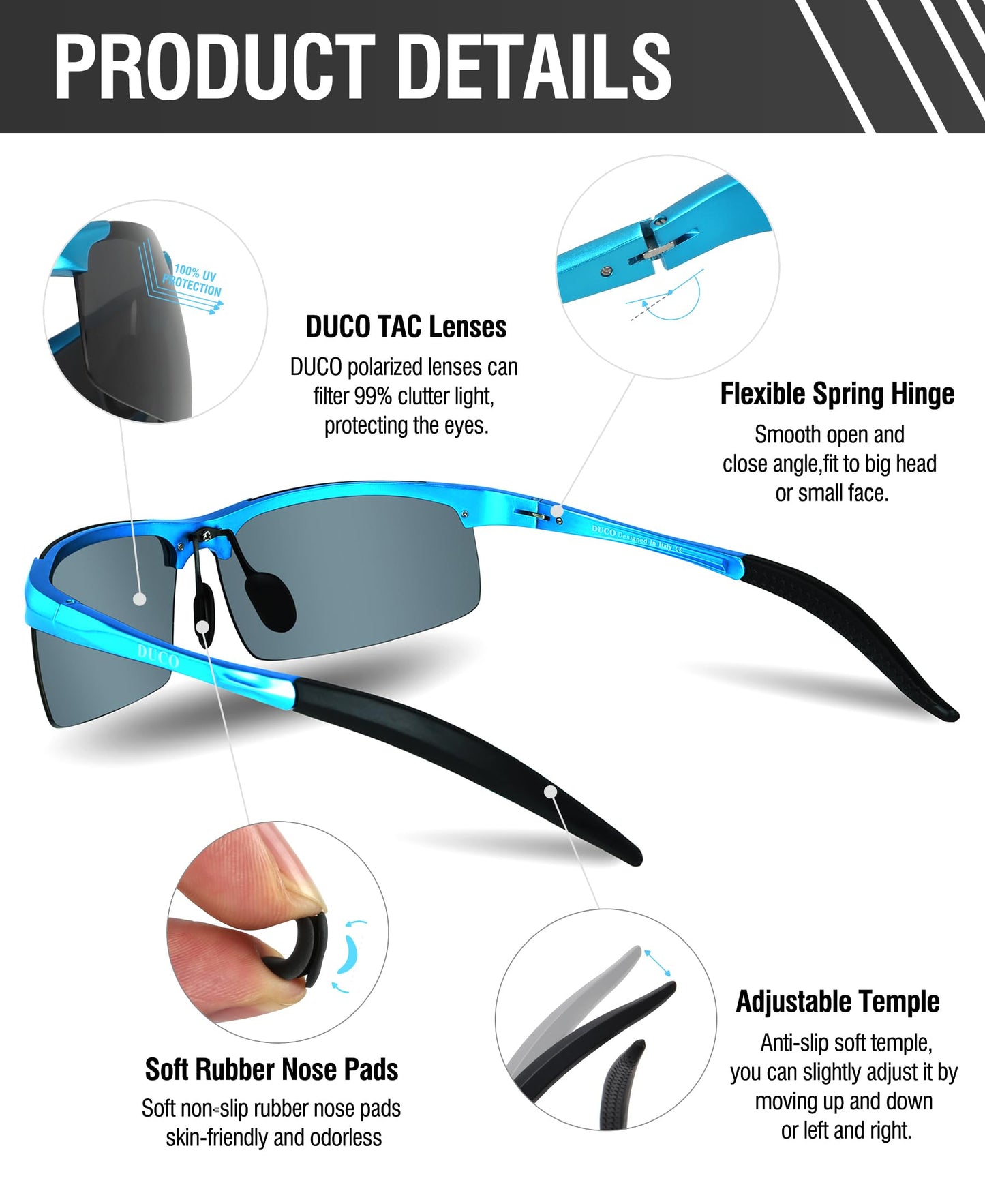 DUCO Herren Sportbrille Polarisierte Sonnenbrille Fahrerbrille Ultraleichte Al-Mg Metallrahmen UV400-Schutz Männer Sonnenbrillen 8177S