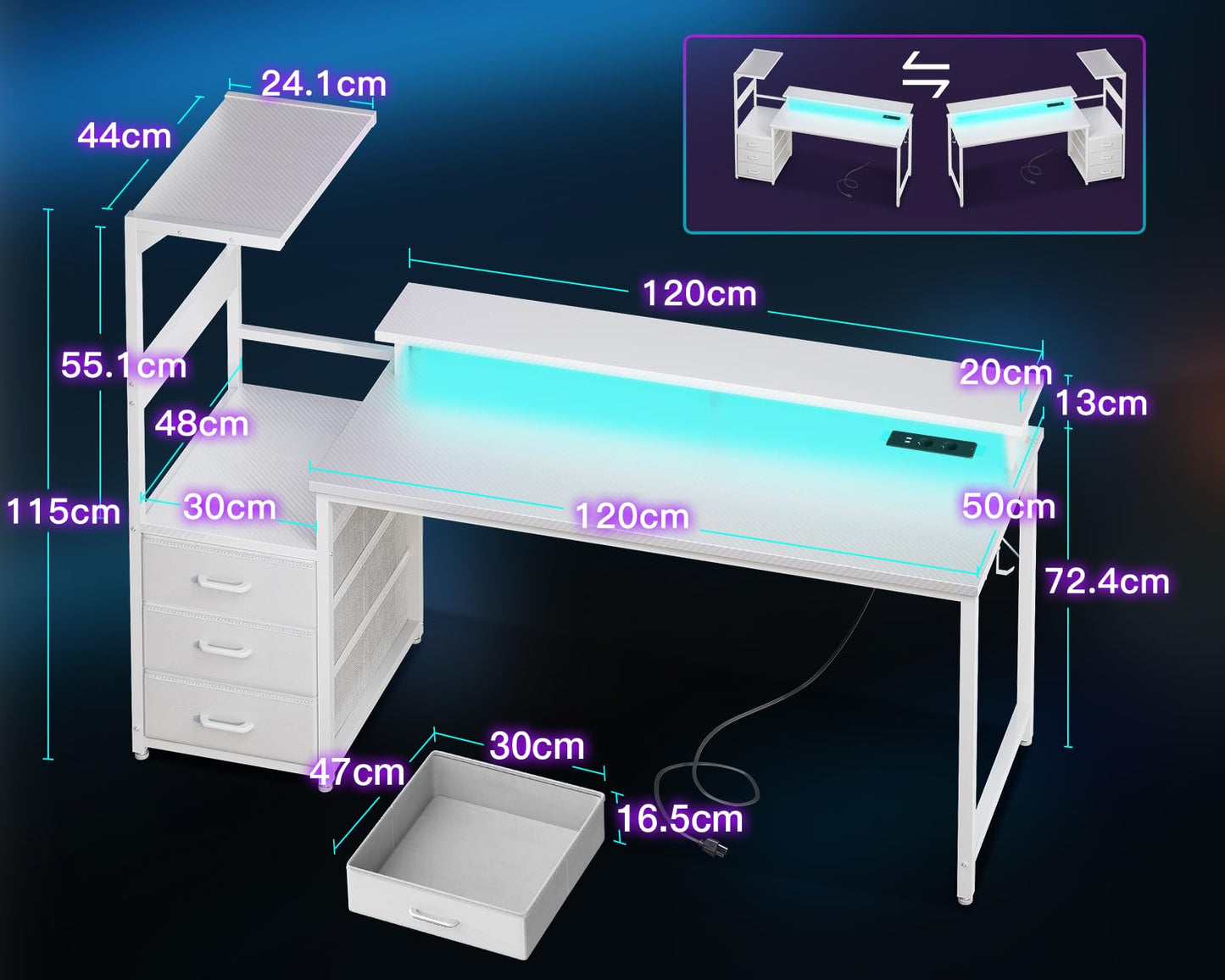 Coleshome Gaming Table with LED Lighting & Socket, Gaming Desk with Drawers, Computer Desk with Shelves & Monitor Stand, Carbon Fibre Black, 151 x 50 cm