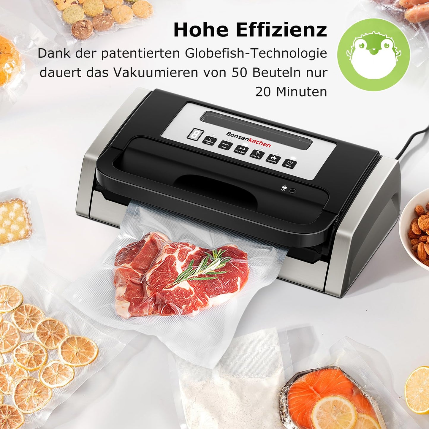 Bonsenkitchen Vakuumiergerät, Vakuumierer, Einschließlich 2 Rollen Vakuumrollen, Design mit Griffverriegelung, leistungsstarker geräuscharmer mit Globefish-Technologie, integrierter Schneider