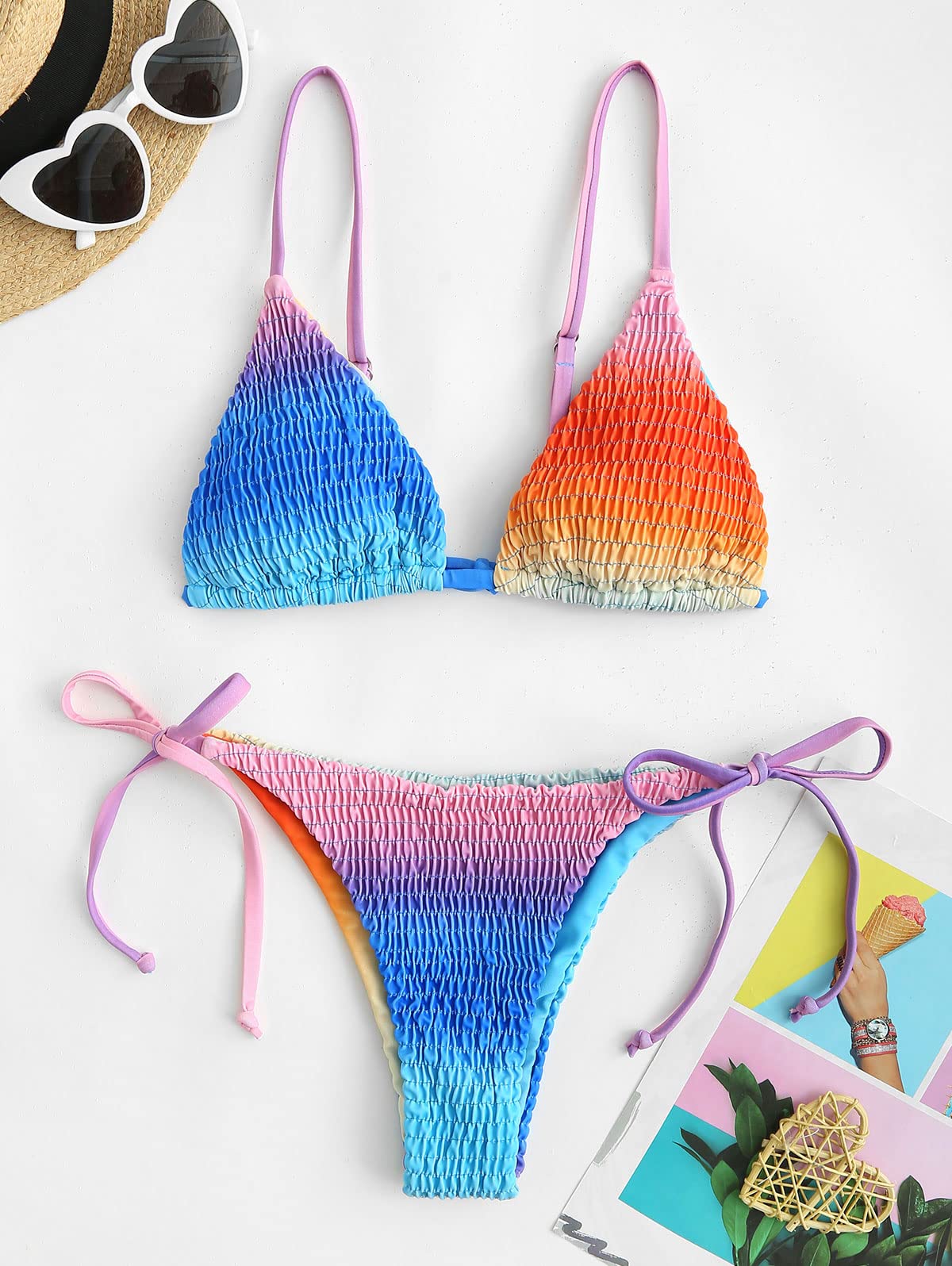 ZAFUL Padded Bikini Set Tie-Dye Triangle Top Low Waist Swim Shorts