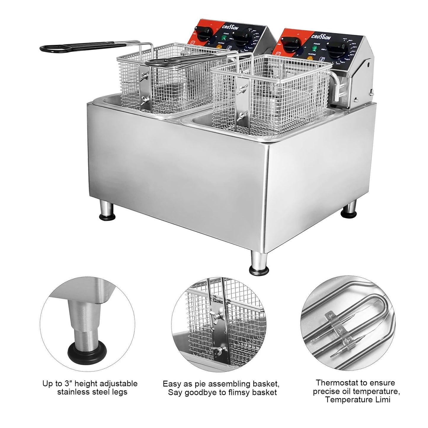 CROSSON 4L Elektrische Aufsatzfritteuse mit leicht zu reinigendem rotierendem Fritteusenkopf, 30 Minuten Timer, abnehmbarer Öltank 304 SS mit Griff (4L single tank)