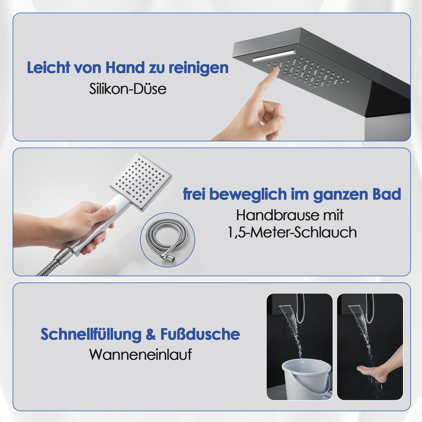 LED Duschpaneel mit Thermostat, OUGOO 6 Funktionen Duschpaneel mit Armatur, Regendusche, Wasserfalldusche, 2-Typ-Massagedüsen, Handbrause und Badewanneneinlauf, 304 Edelstahl, Schwarz