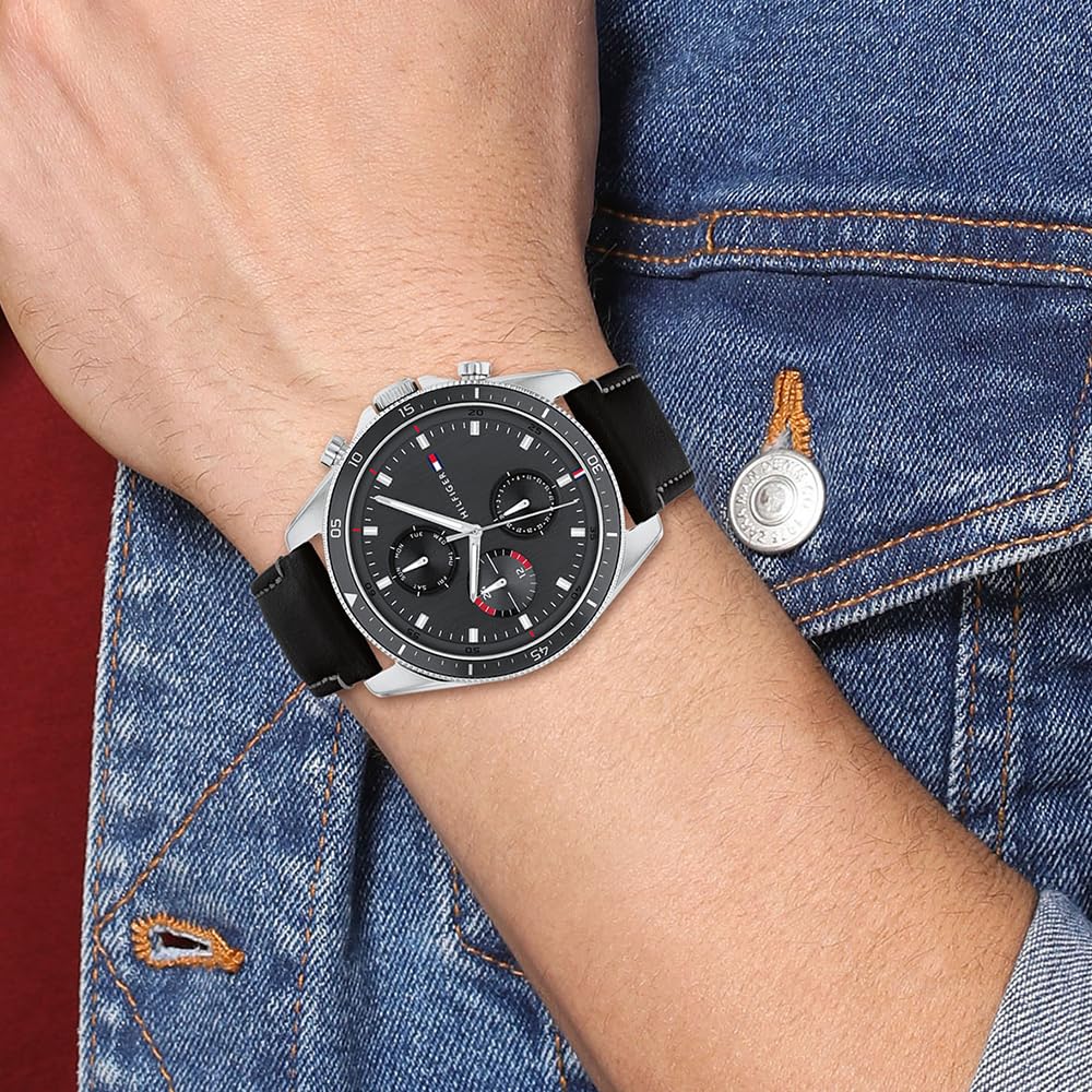 Tommy Hilfiger Multi Zifferblatt Quarz Uhr für Herren mit Edelstahl-und Lederarmband
