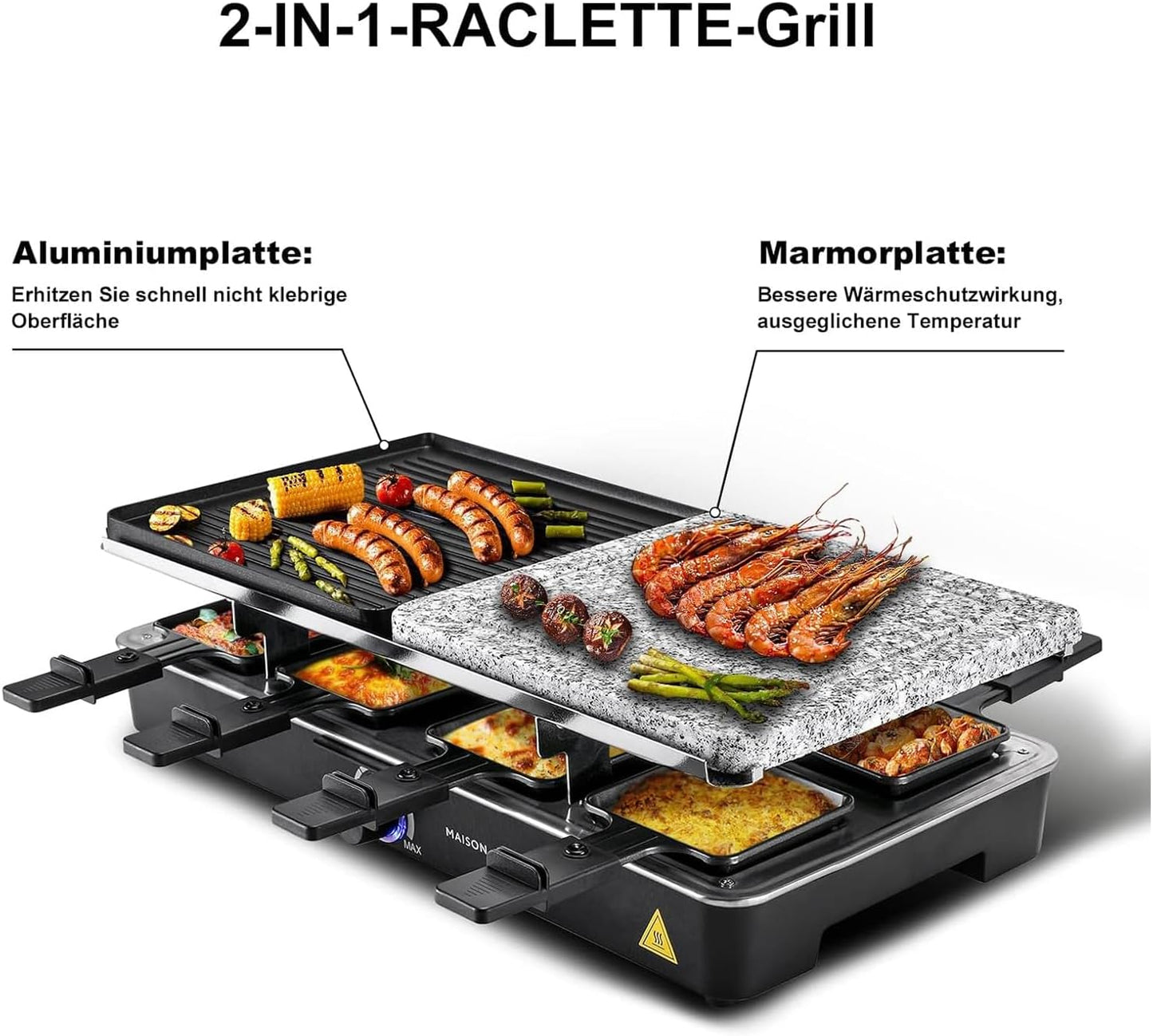 Raclette Grill mit Naturgrillstein und Grill-Platte 2-in-1 Raclette Grill,8 Personen Grillplatte Tischgrill Elektrisch Elektrogrill Heißer Stein 1400 Watt mit 8 Pfännchen