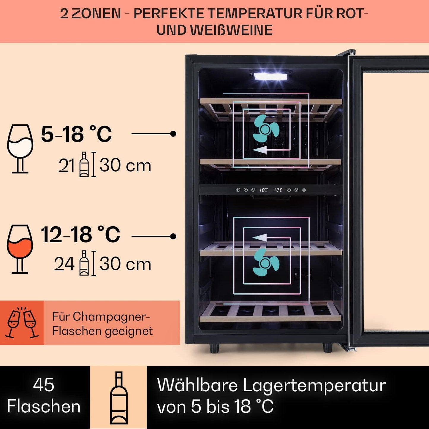 Klarstein wine refrigerator, drinks refrigerator narrow, refrigerator with glass door, drinks refrigerators freestanding, wine refrigerator small, wine refrigerators 2 zones, UV protection, 5-18 °C, 45 bottles