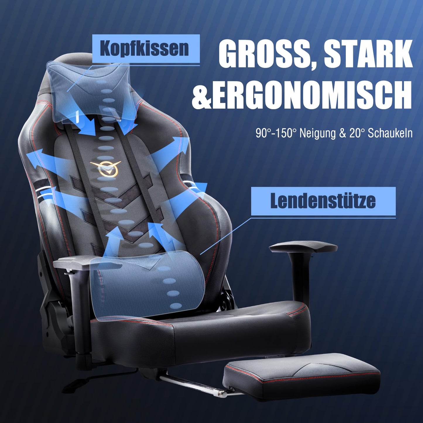 COLAMY Gaming Stuhl mit Fußstütze 160 KG Belastbarkeit-Computer Gamer PC Stuhl, Ergonomisch Hohe Rückenlehne, Verstellbare Rückenlehne, 3D Armlehnen, Kopfstütze und Lordosenstütze, Schwarz