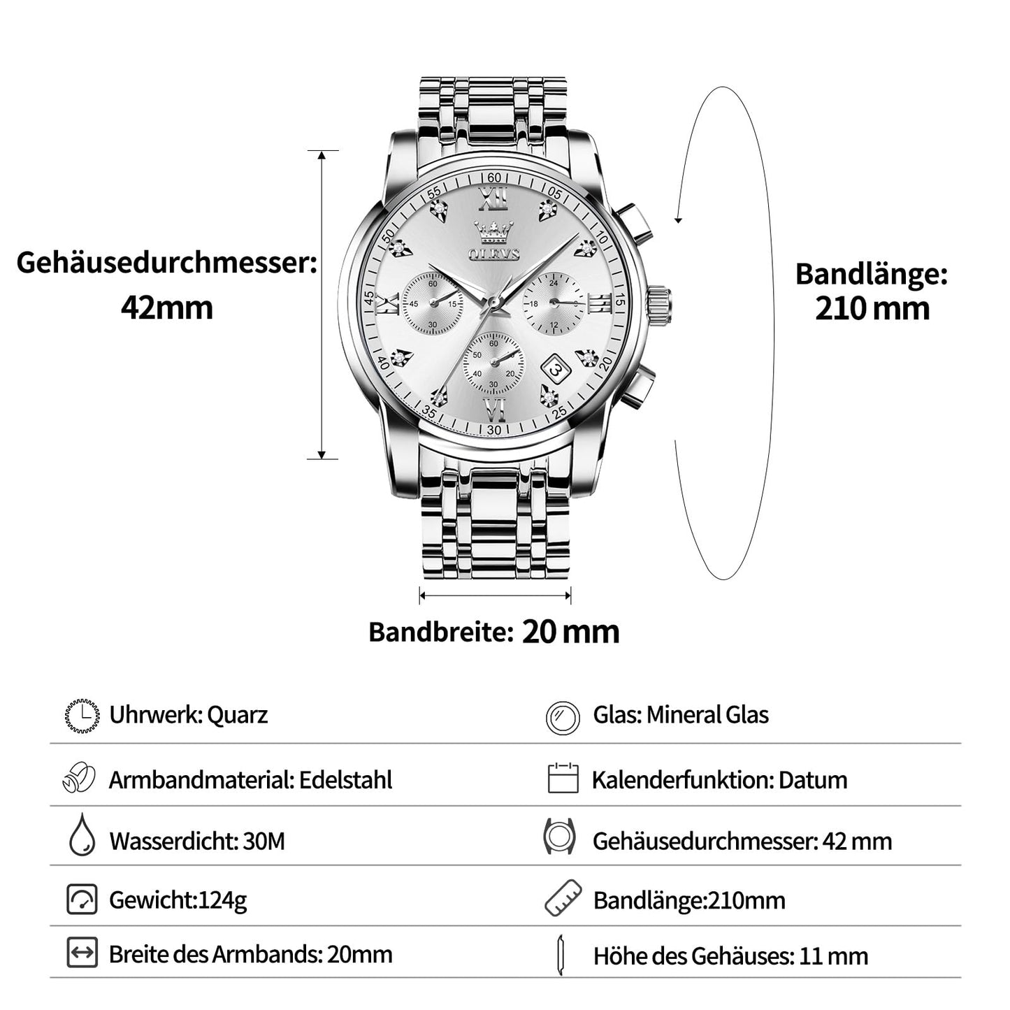 OLEVS Uhren Herren, Edelstahl Analoger Quarzuhr, Multifunktionale Diamanten Herrenuhren, Klassisches Luxuskleid Herrenuhr