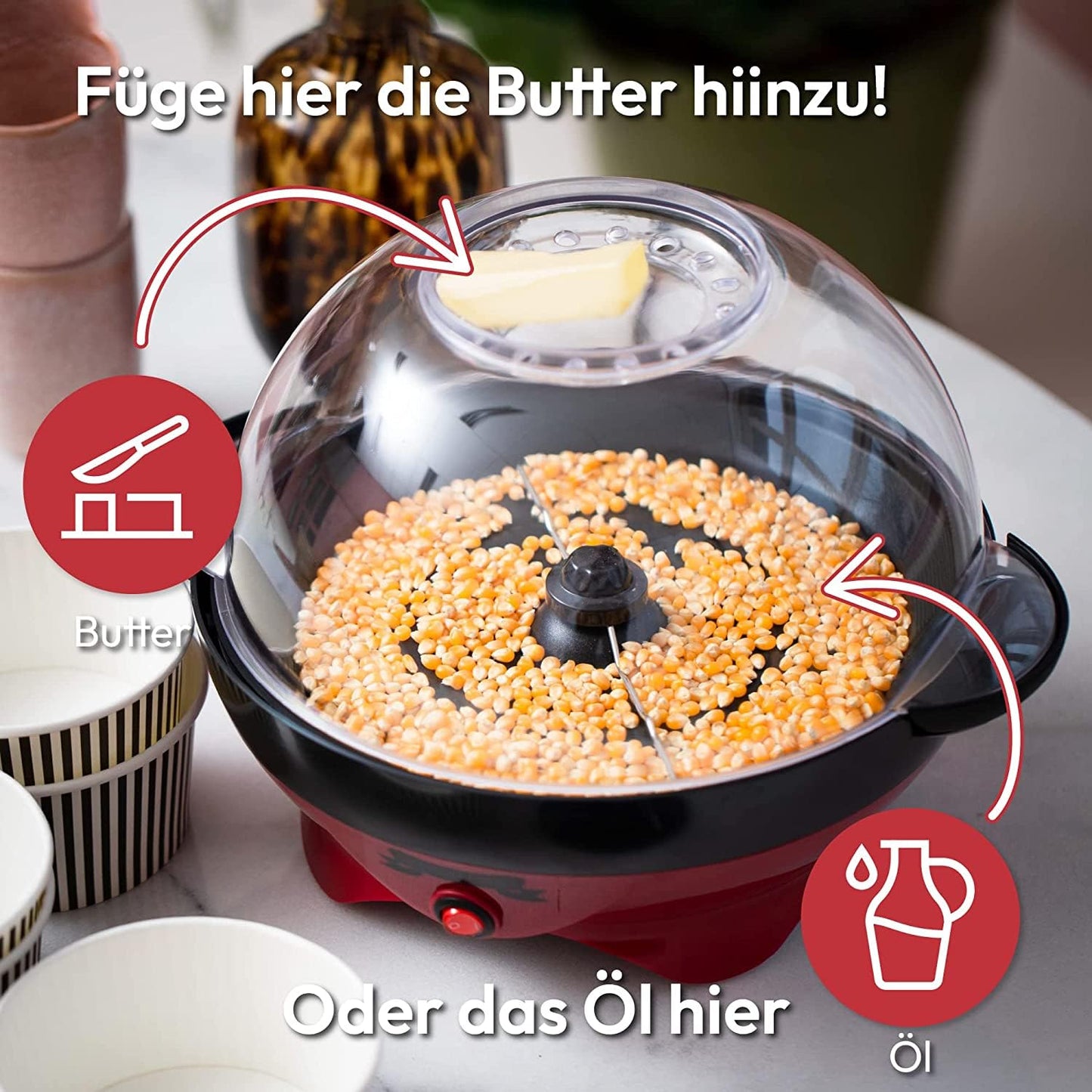 Gadgy Popcorn Maschine groß - Retro Popcorn Maker 5 L - Popcorn Maker mit Antihaftbeschichtung und abnehmbarer Heizfläche - Popkorn Maschine rot - Popcornmaschine 800W - Popcorn machine