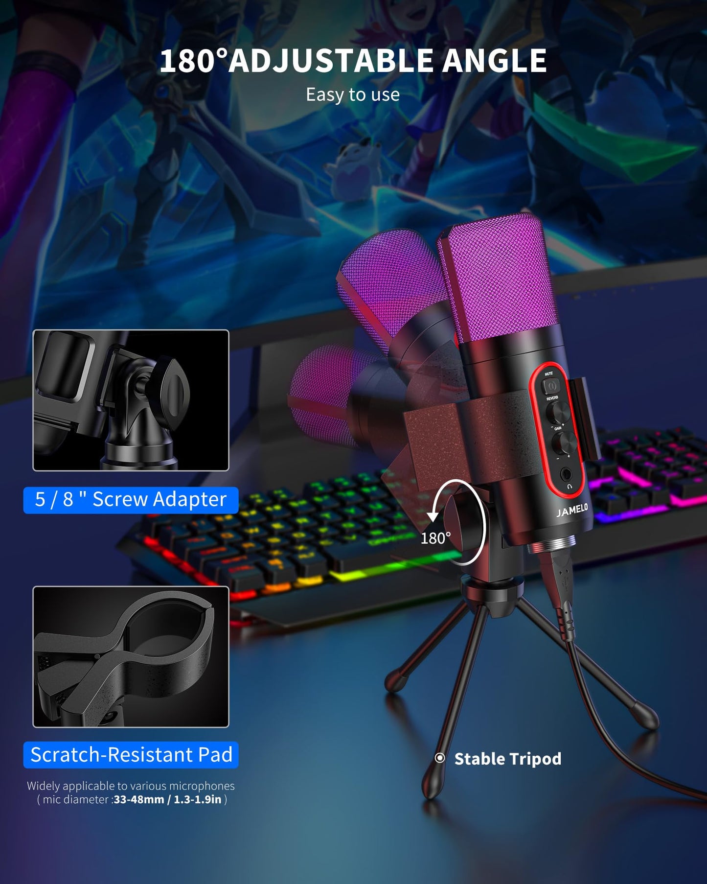 JAMELO USB Mikrofon, Kondensatormikrofon RGB Effekt PC Gaming Mikrofon mit Stummschaltung & Nachhall USB Mikrofon Tisch für Live-Streaming, Podcasting Gesangs- und Instrumentenaufnahmen