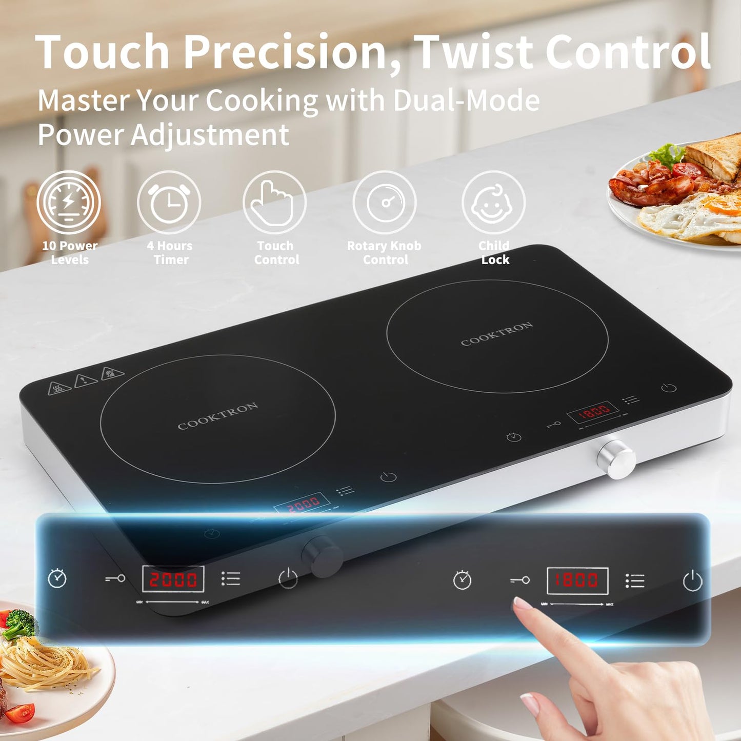 COOKTRON Induktionskochfeld 2 Platten Mobil, 3500W Doppel-Induktionskochplatte mit 6 Leistungsstufen, 10 Temperaturstufen, 3-Stunden-Timer, Touch-Steuerung, Ideal für Camping und Küche, Schwarz