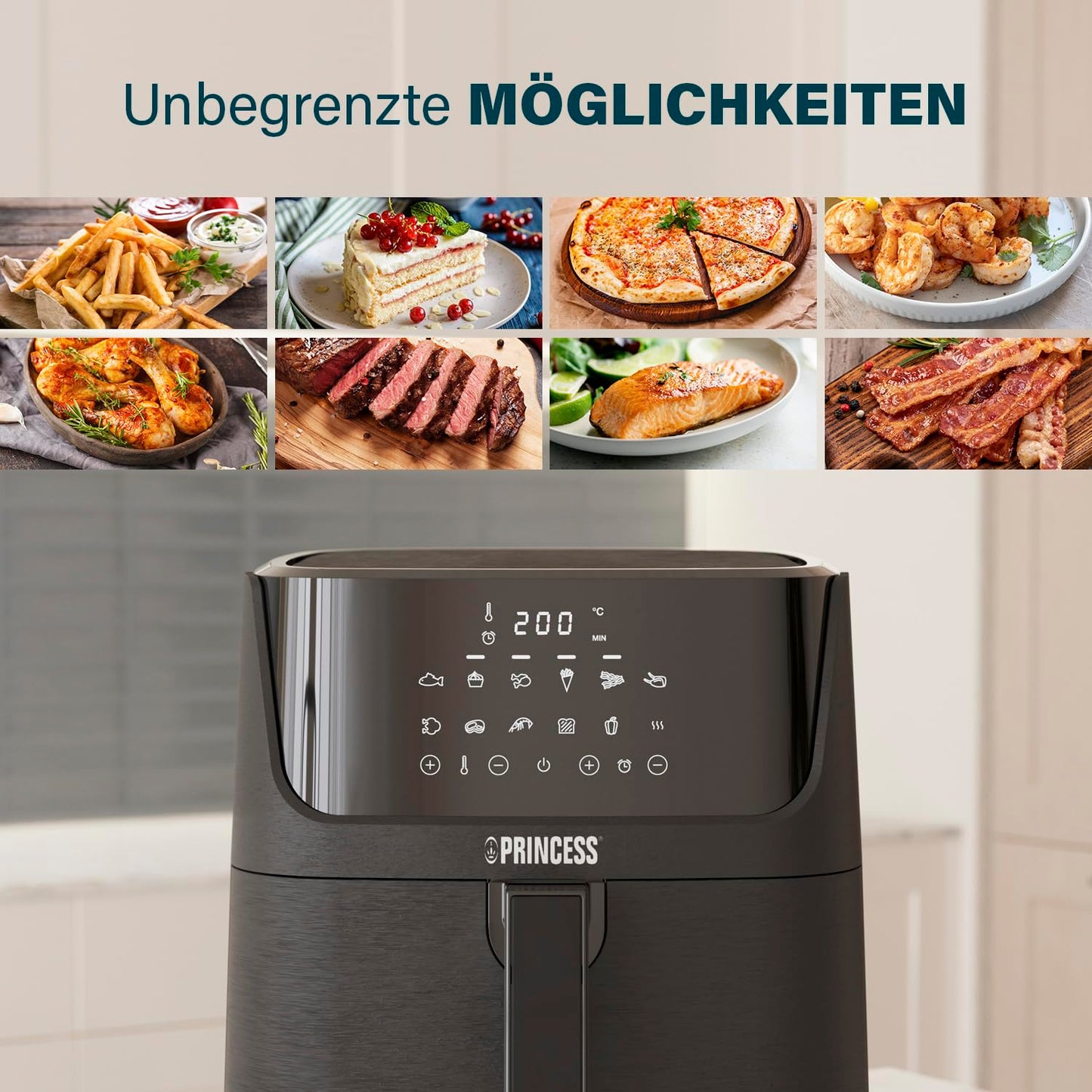 Princess Digital Hot Air Fryer - 6.5 L - with Removable Divider - 60 Percent Less Energy Consumption - Digital Touchscreen - 12 Programmes - Oil Free - Black - 182061
