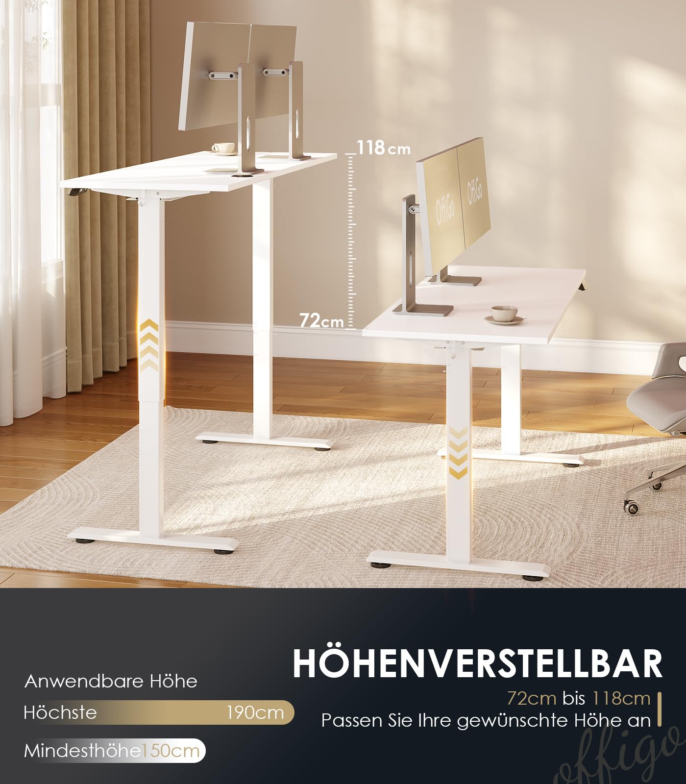 OffiGo Höhenverstellbarer Schreibtisch, 120 cm Elektrischer Schreibtisch, Ergonomischer Tisch mit Memory-Funktion, Gaming Tisch Höhenverstellbar, Moderner Computertisch für Zuhause und Büro, Weiß