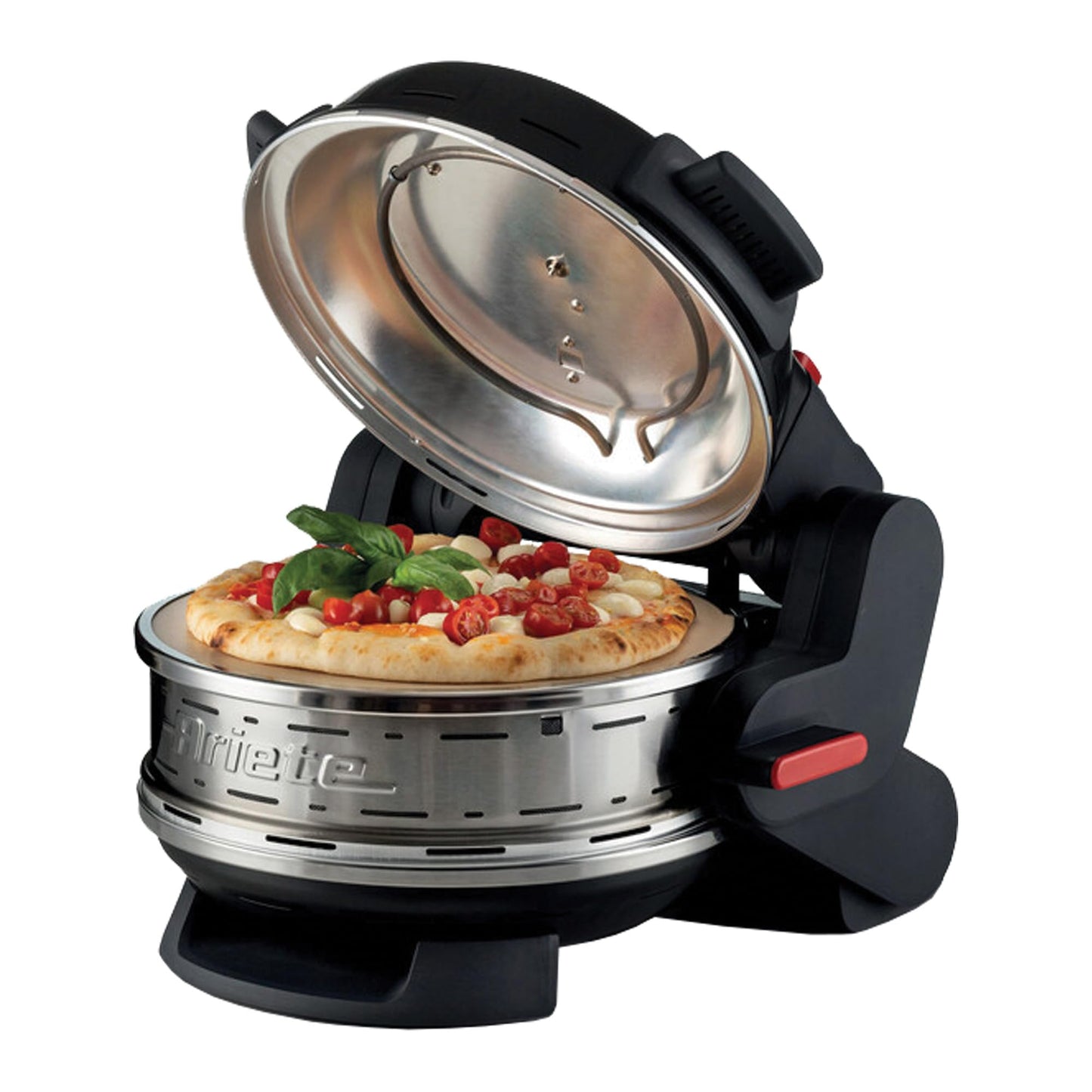 Ariete Pizzaofen 919, 4-Minuten-Pizza, Pizzaofen mit 5 Garstufen, Feuerfeste Platte zum Wiederaufwärmen, Holzbrettchen im Lieferumfang Enthalten, Max. Temperatur 400°C, 1200W, Rot