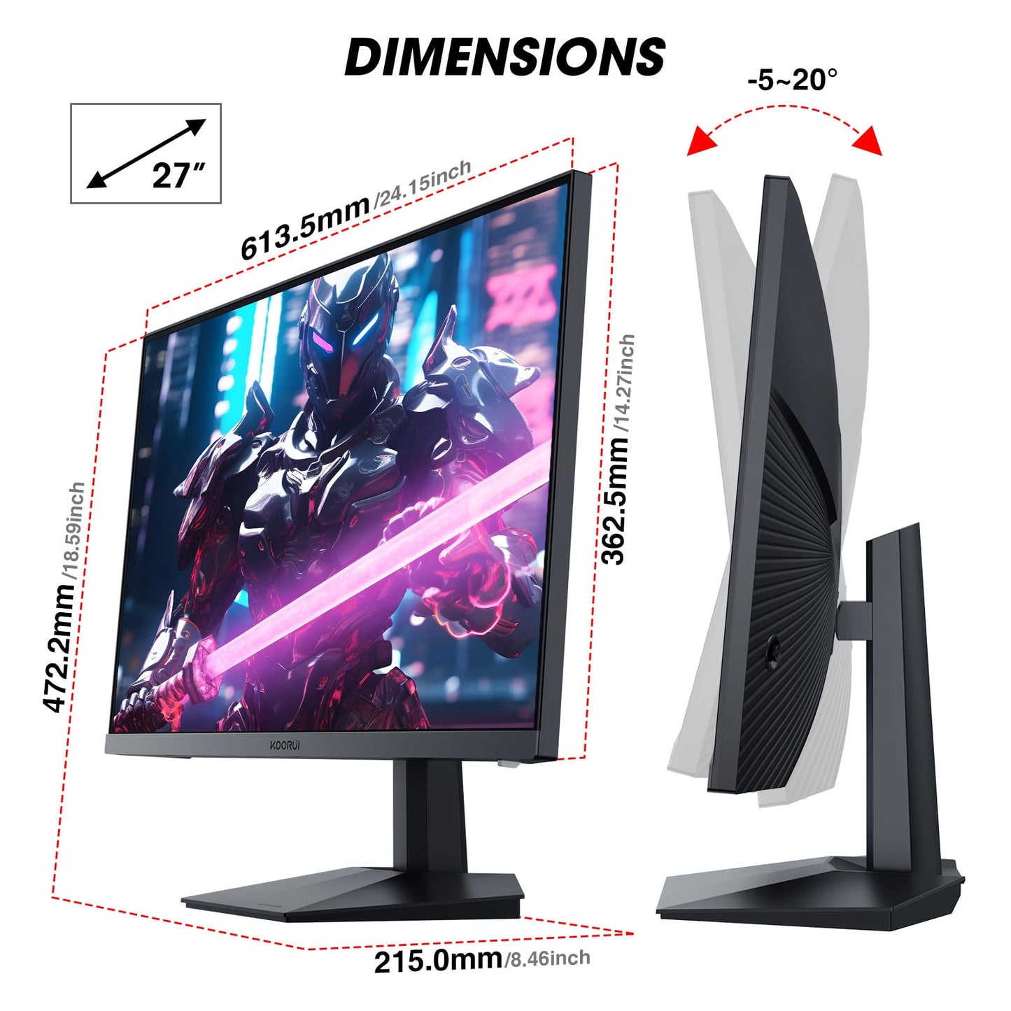 KOORUI Gaming Monitor 24 Zoll - FHD PC Bildschirm VA 165Hz 1ms Monitor 144hz, AdaptiveSync Technology, DCI-P3 85%, 2 x HDMI, DP Neigbar, Schwarz