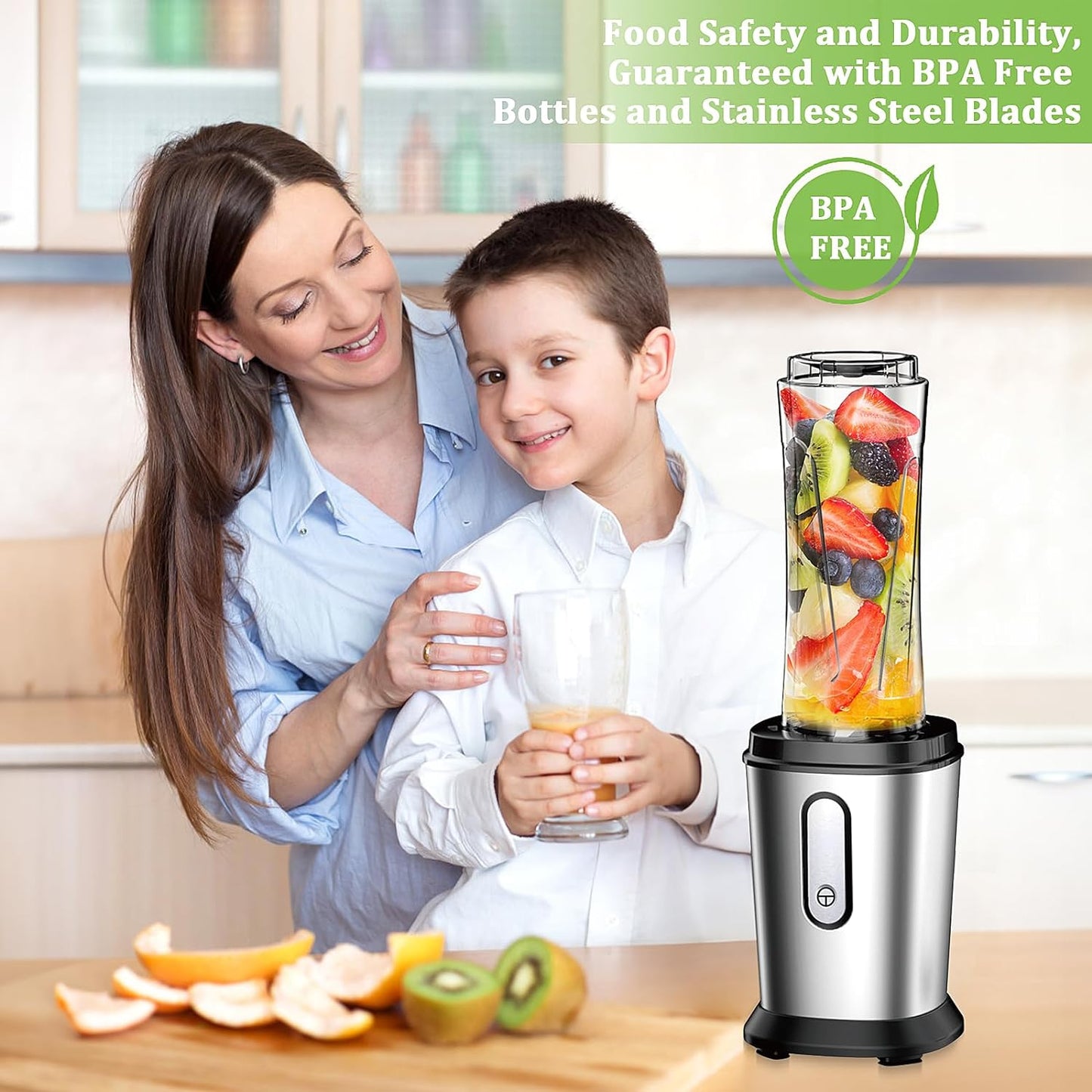 Mixer, 500W Mini Standmixer & Smoothie Maker mit 2x600ml Flaschen BPA frei Tritan, Tragbarer Mixer Smoothie Maker aus Edelstahl 4-Blatt für Shake, Smoothie und Babynahrung, Silber