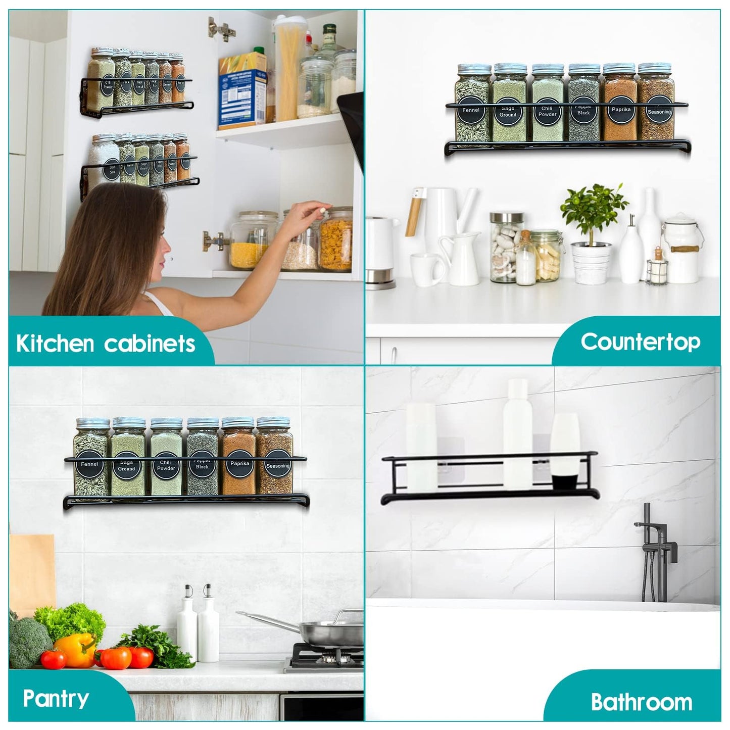 Priksia Gewürzregal Wand, 4er Set Gewürz Organizer Ohne Bohren, Gewürzhalter Hängend aus Metall mit 8 Selbstklebende und Schrauben für Gewürzdosen, Küchenschrank, Speisekammertür